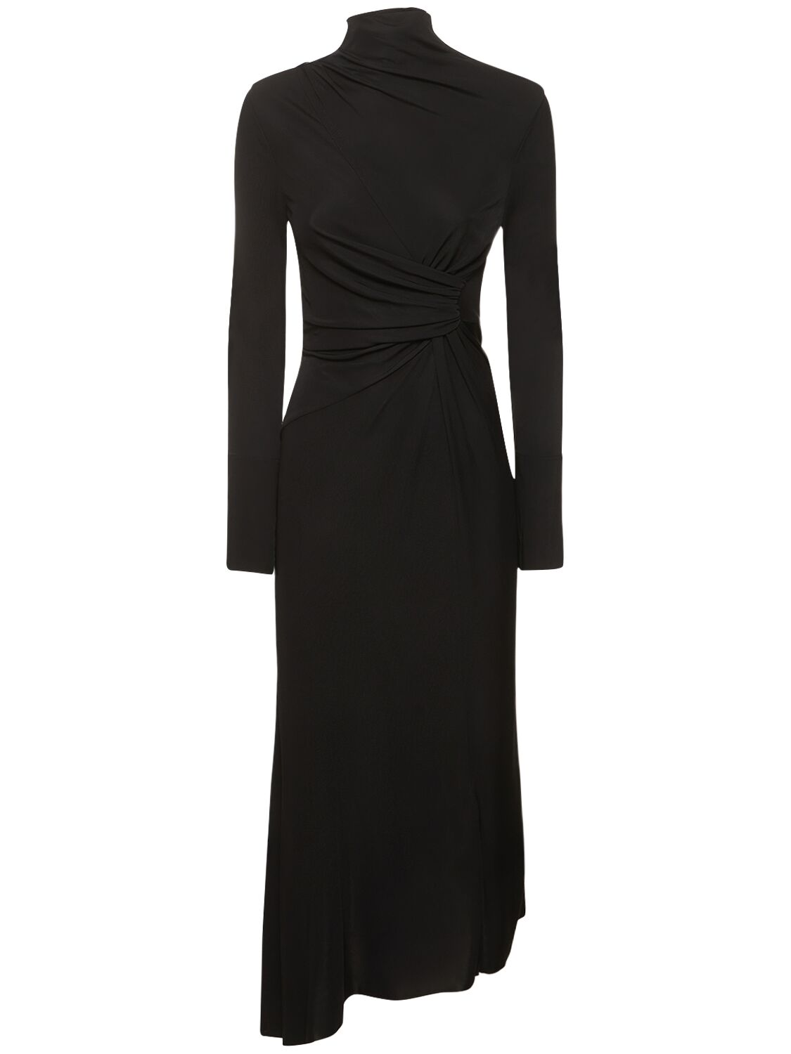 Shop Victoria Beckham Asymmetric Draped High Neck Midi Dress In 블랙