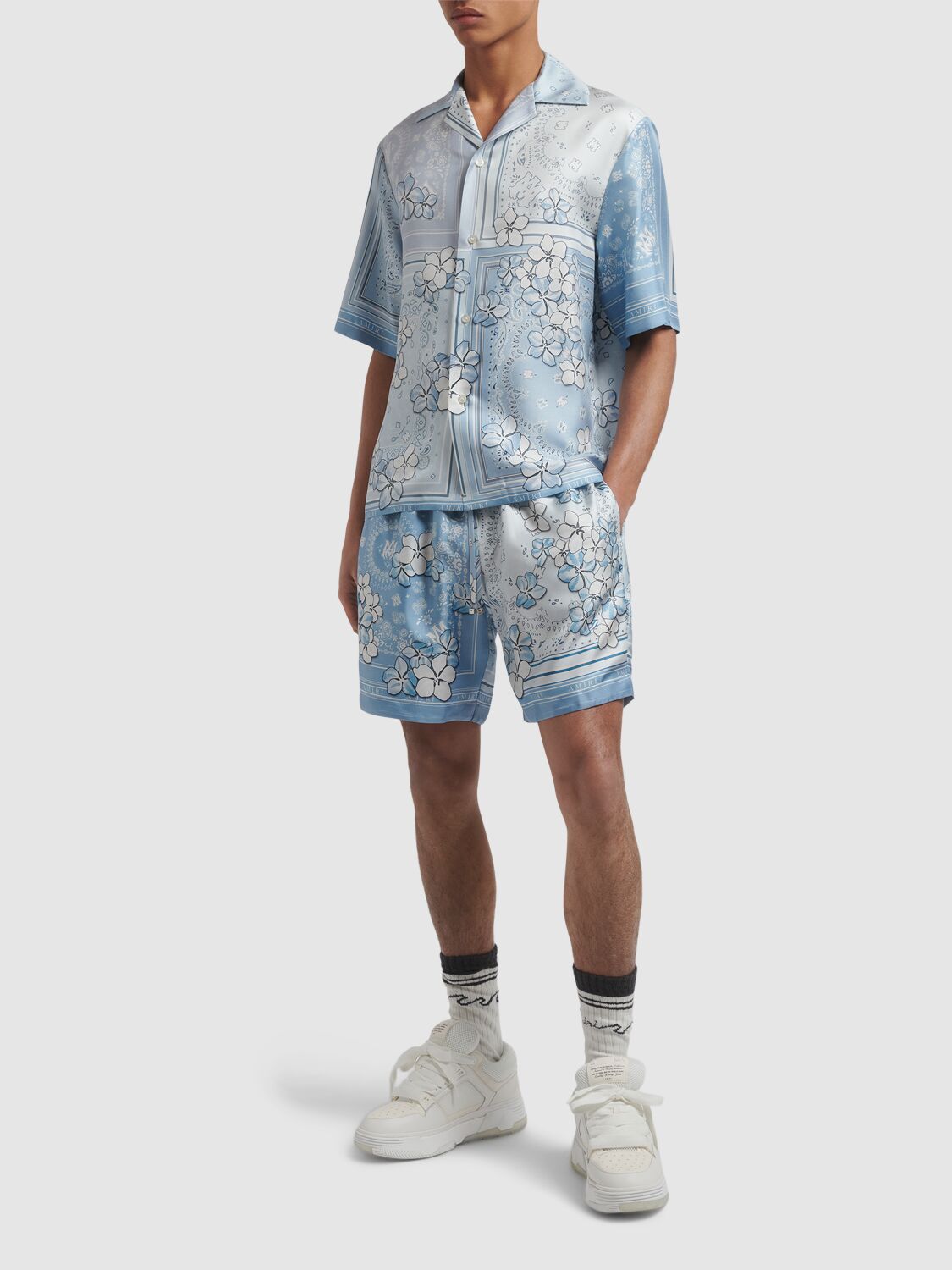 Shop Amiri Floral Bandana Shorts In Cerulean