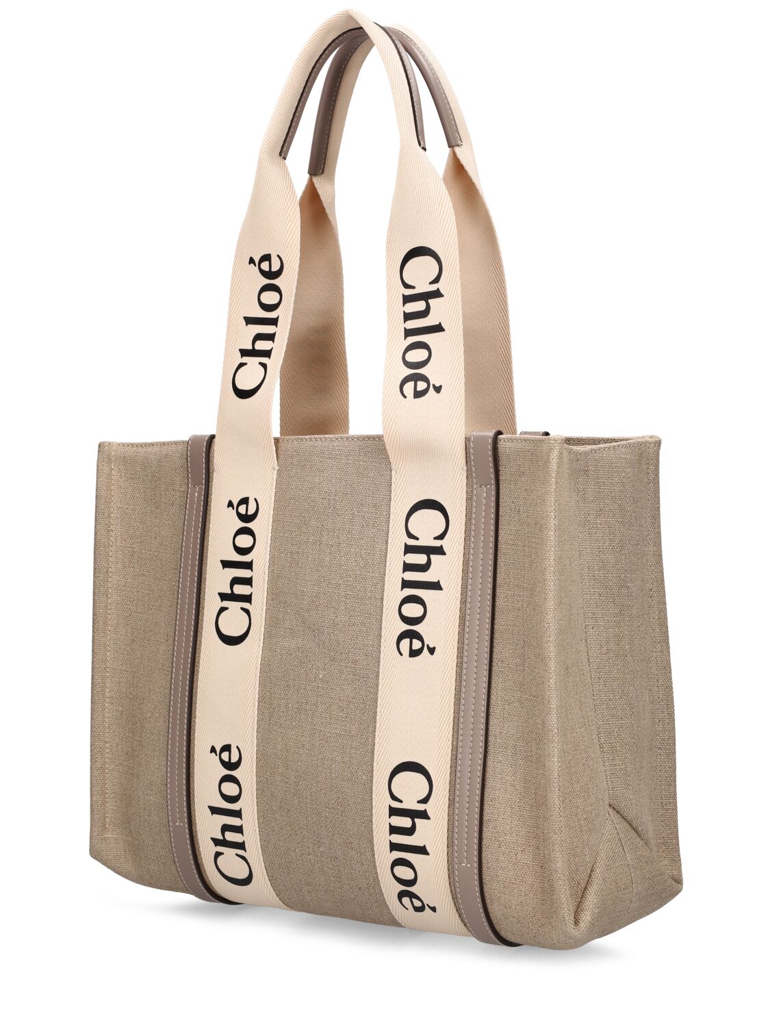 Shop Chloé Medium Woody Canvas Tote Bag In Beige,grey