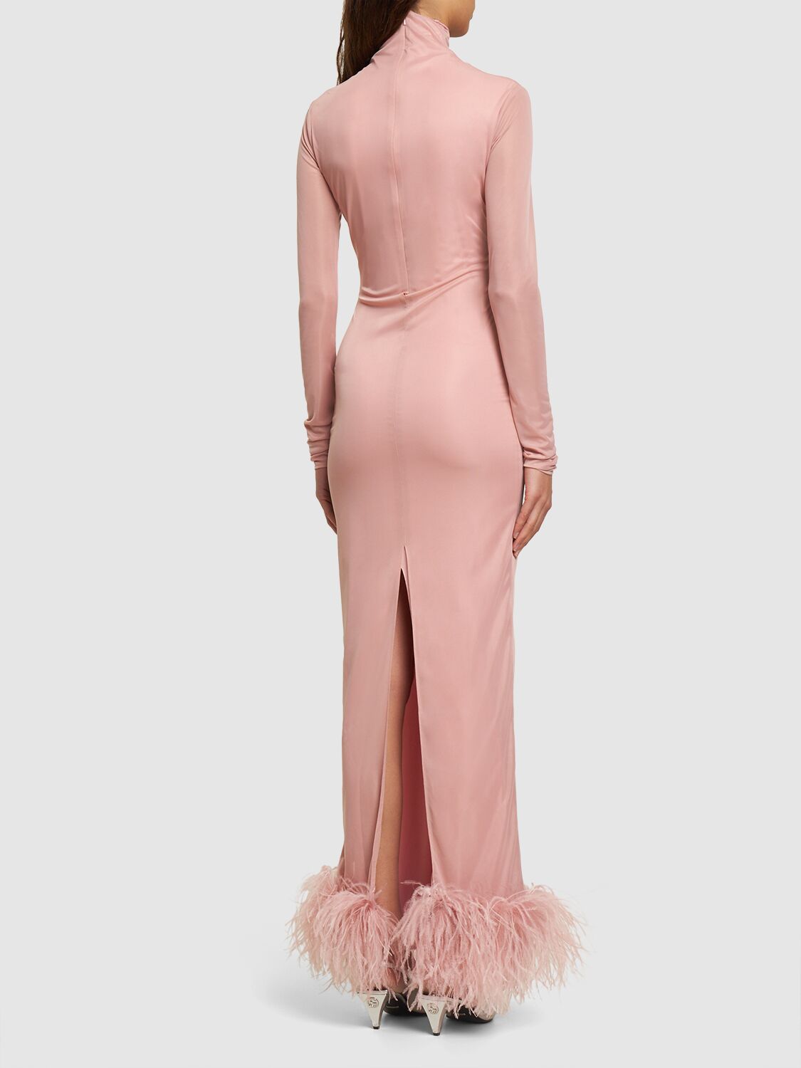 Shop 16arlington Luna Tech Jersey Maxi Dress W/feathers In Pink