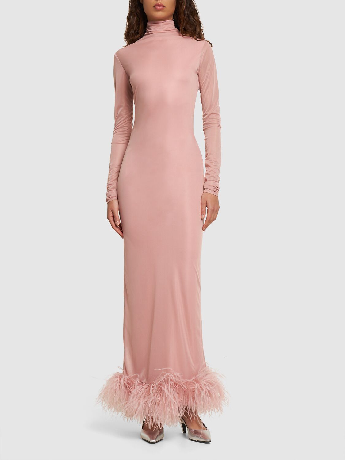 Shop 16arlington Luna Tech Jersey Maxi Dress W/feathers In Pink