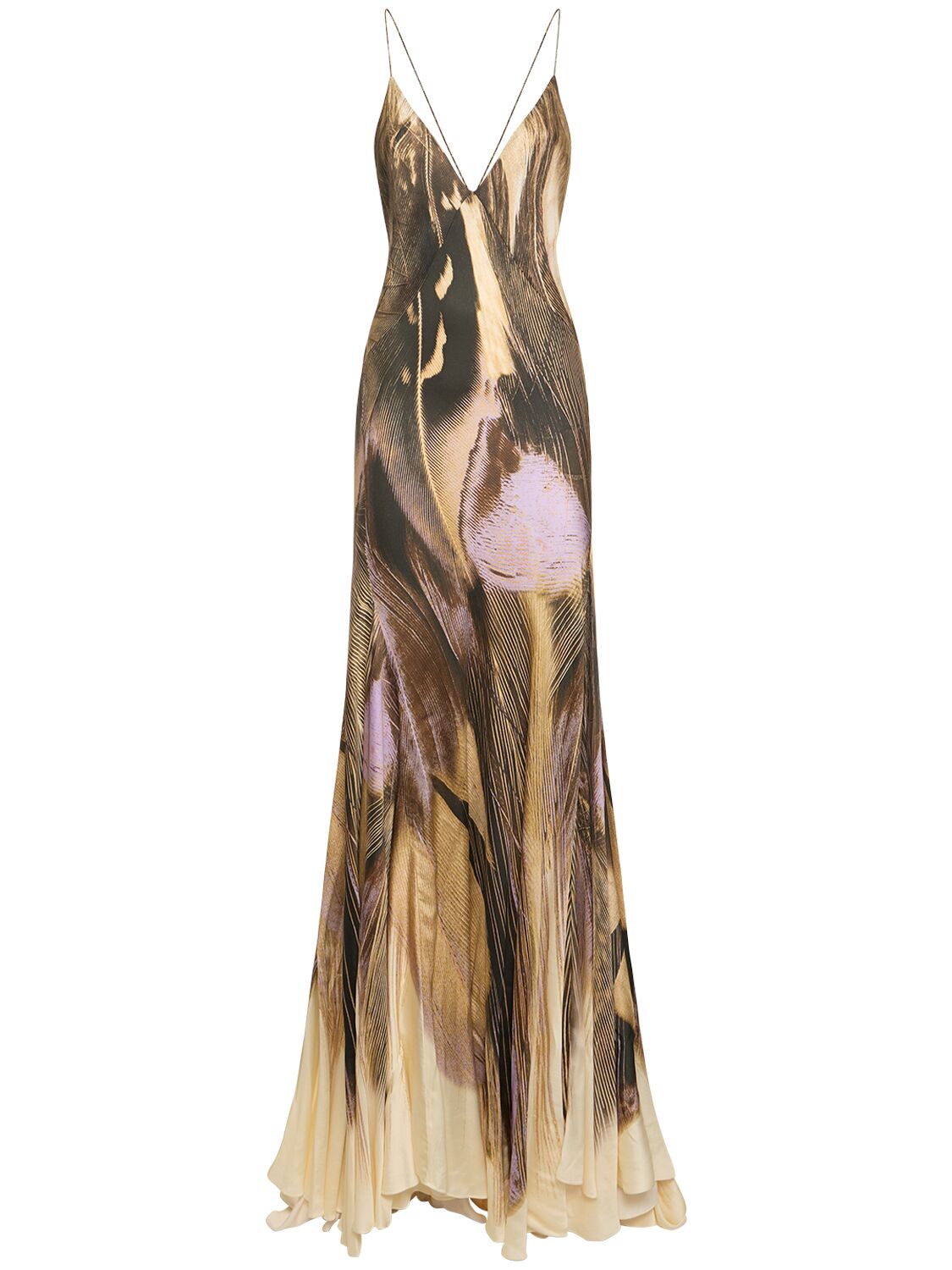 Roberto Cavalli Printed Viscose Satin Long Dress In 멀티 브라운