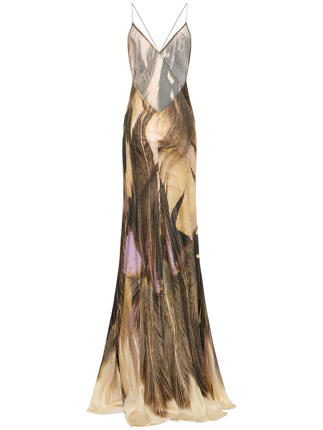 Shop Roberto Cavalli Printed Viscose Satin Long Dress In 멀티 브라운