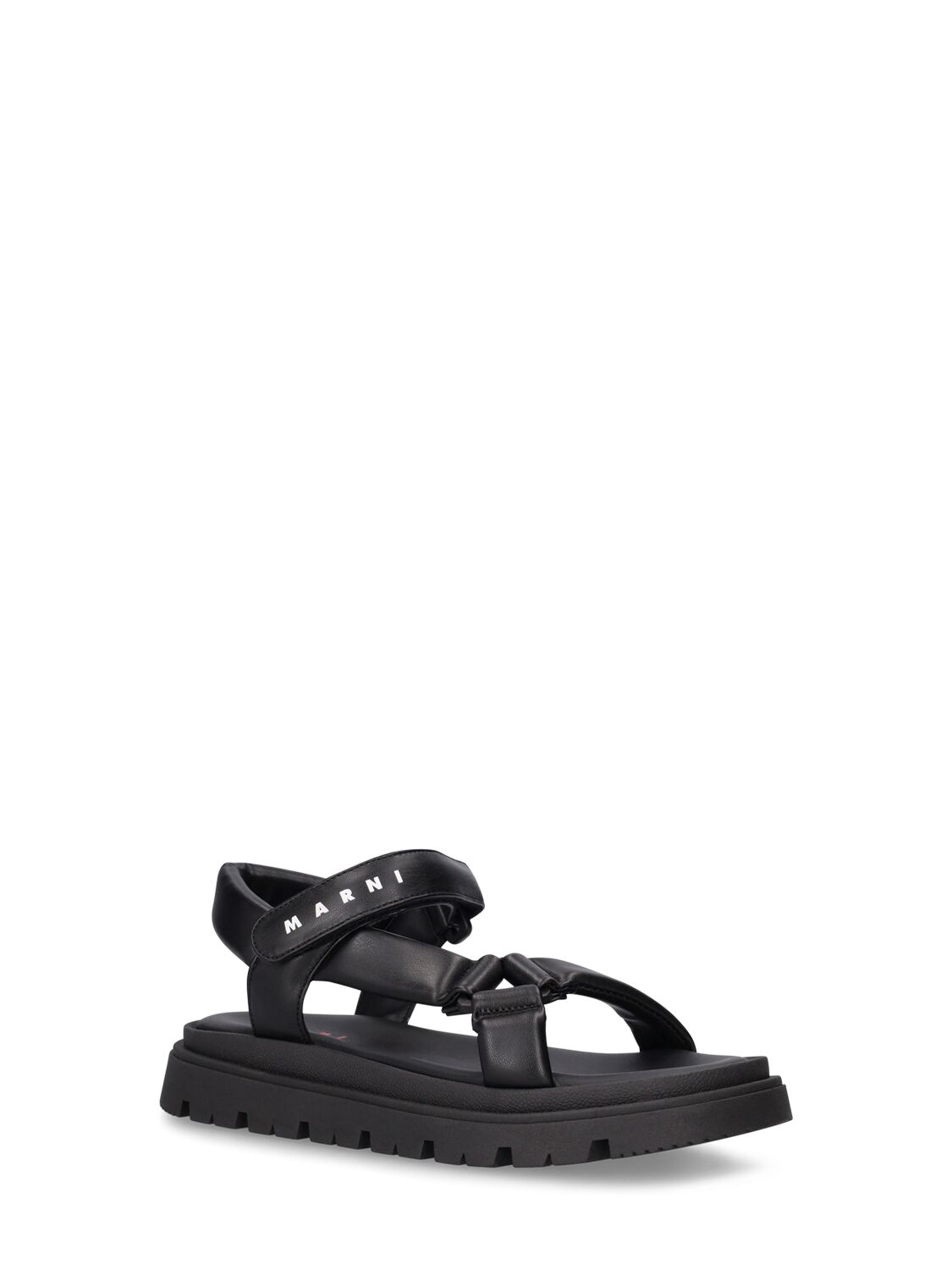 Shop Marni Junior Logo Printed Faux Leather Sandals In Black