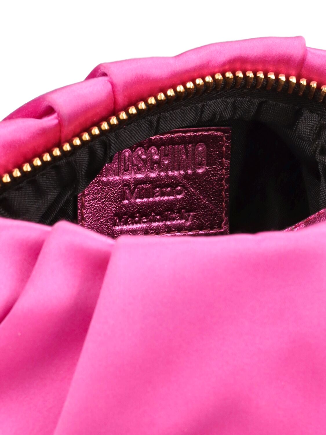 Shop Moschino Mini Satin Bag W/crystal Logo In Purple