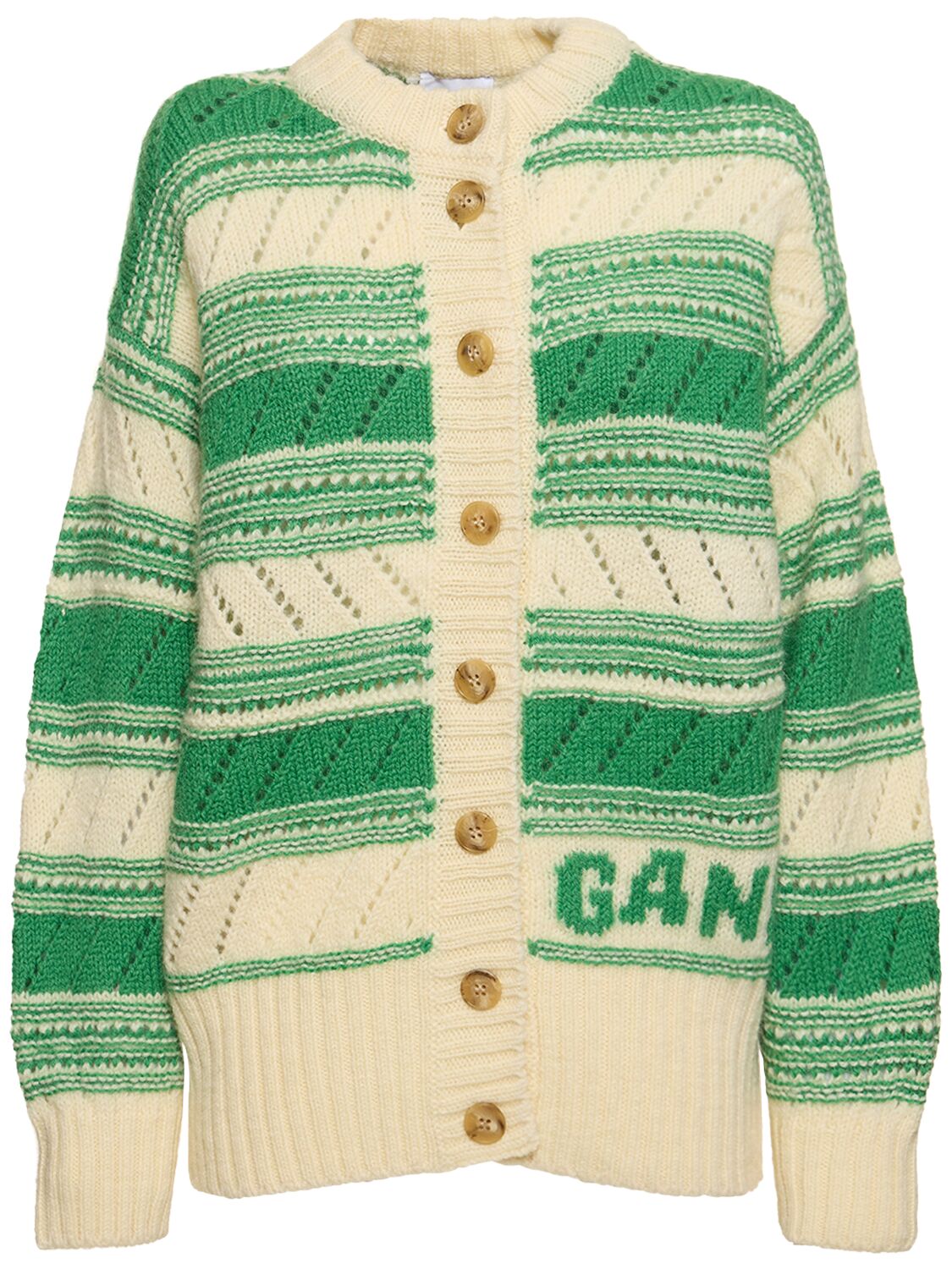 Shop Ganni Striped Logo Wool Cardigan In Multicolor