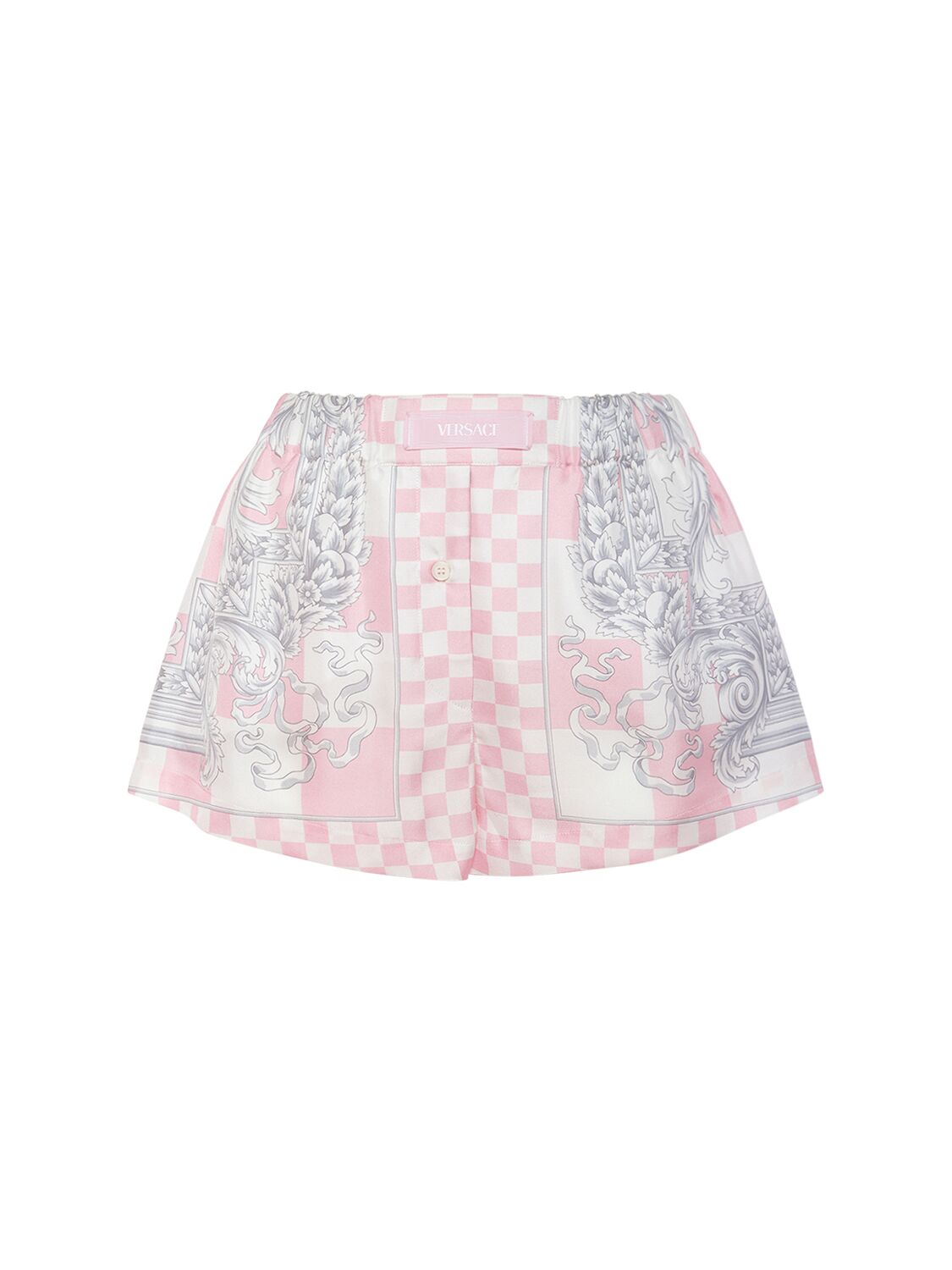 Versace Damier Print Silk Twill Baroque Shorts In Pink,multi