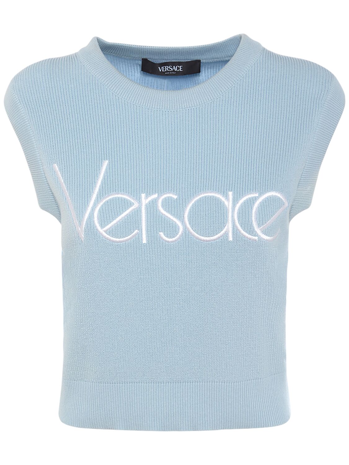 Versace Logo Embroidered Knit Waistcoat In Light Blue