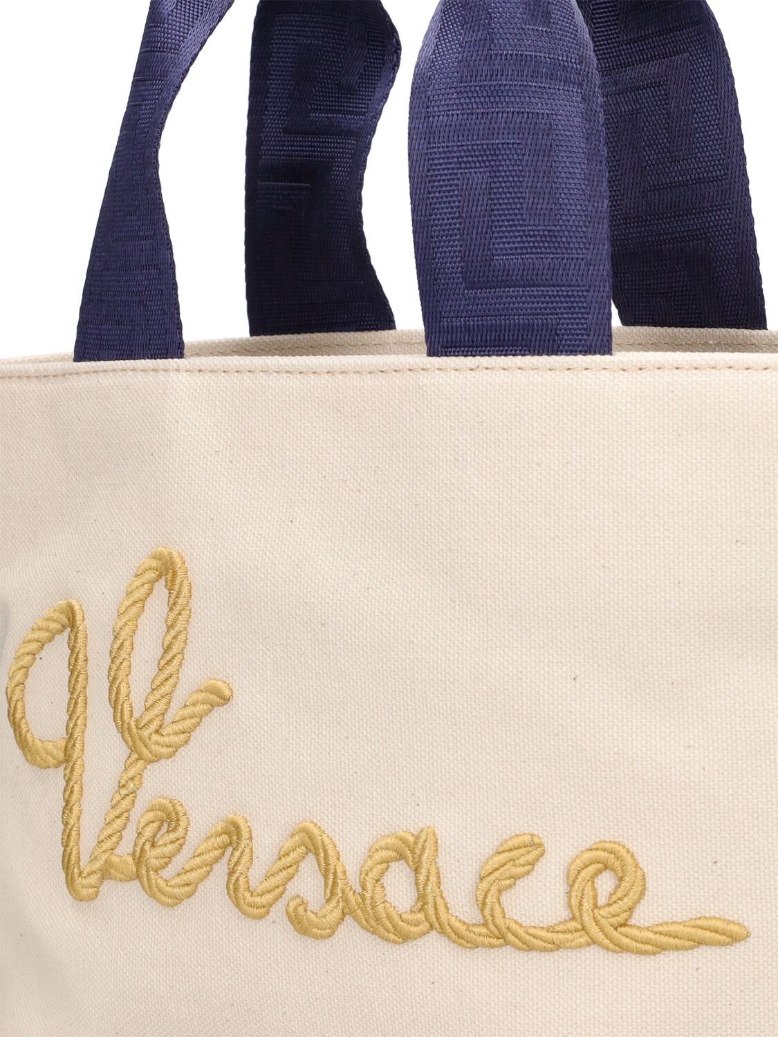 Shop Versace Embroidered Tote Bag In Gold,beige