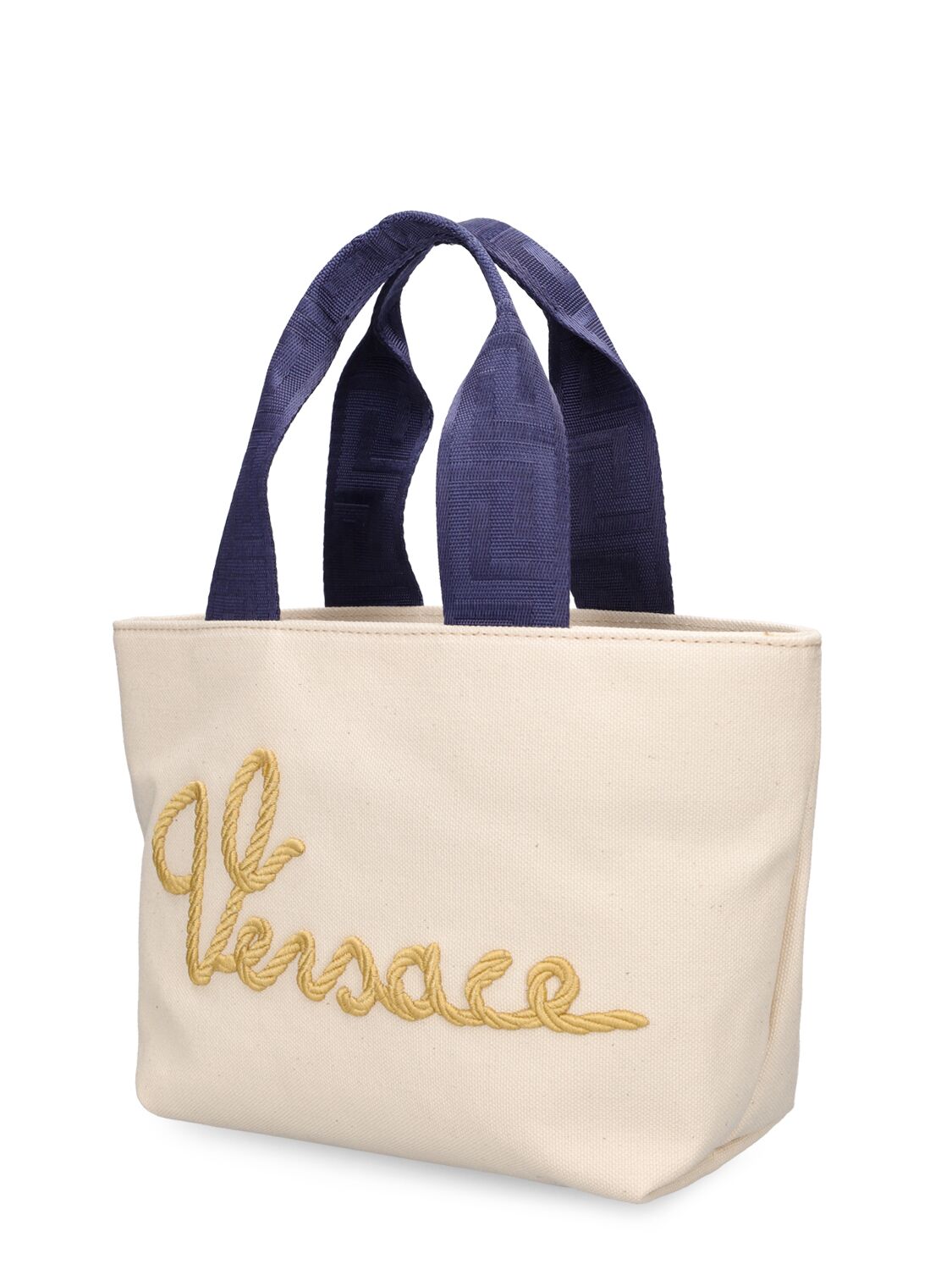 Shop Versace Embroidered Tote Bag In Gold,beige