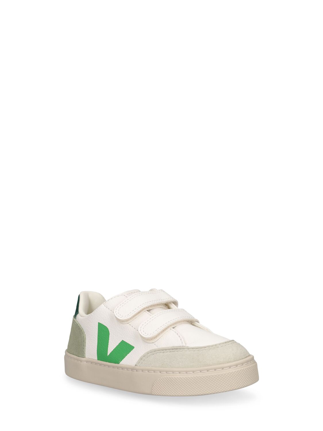 Shop Veja V-12 Chrome-free Leather Sneakers In White,green