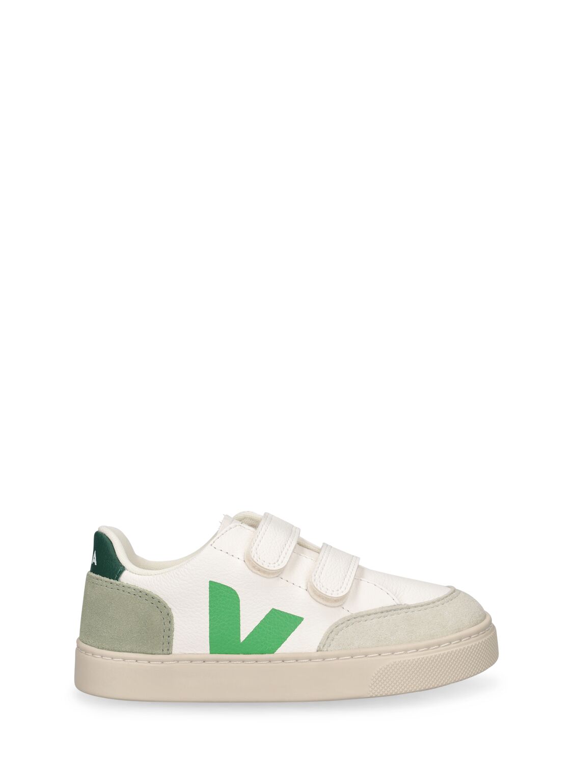 Veja Kids' V-12 Chrome-free Leather Sneakers In White,green