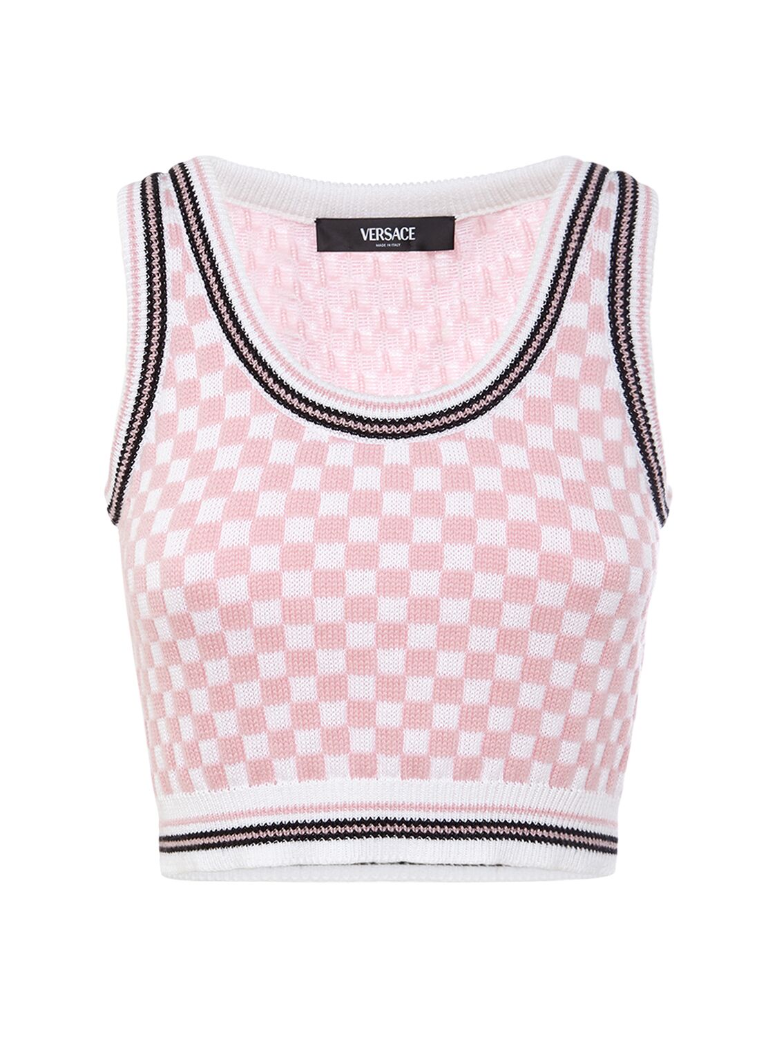 Versace Check Jacquard Knit Sleeveless Crop Top In Pink,multi