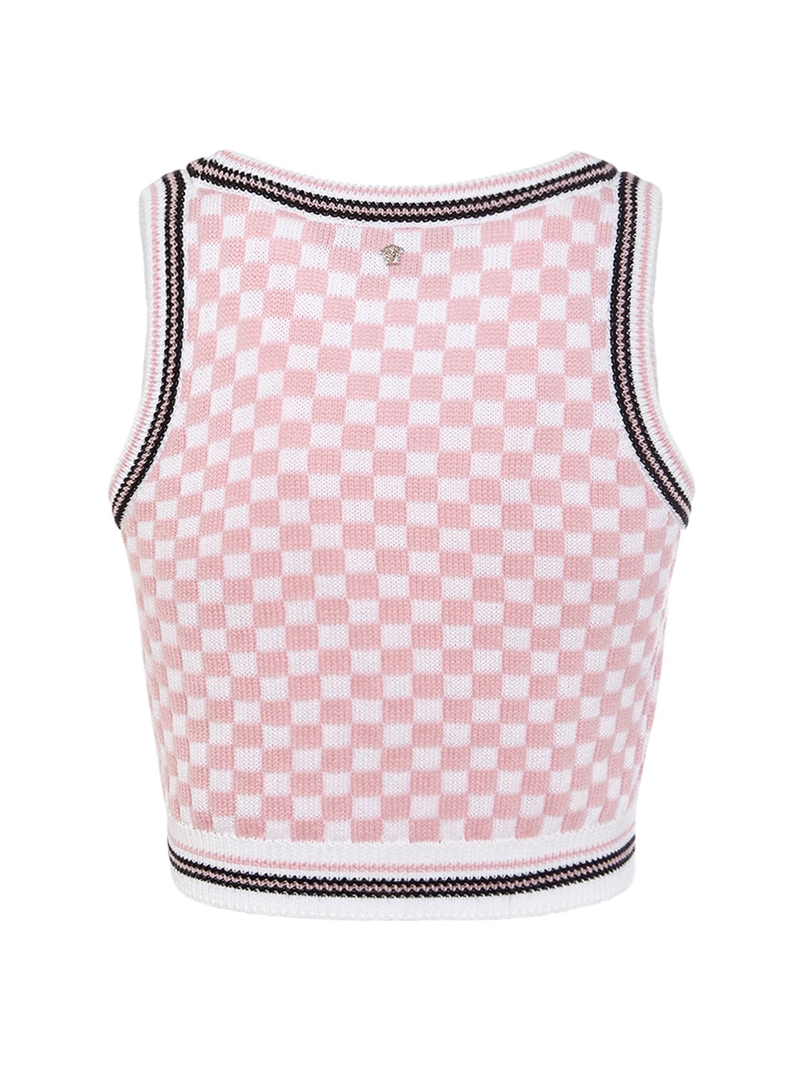 Shop Versace Check Jacquard Knit Sleeveless Crop Top In Pink,multi