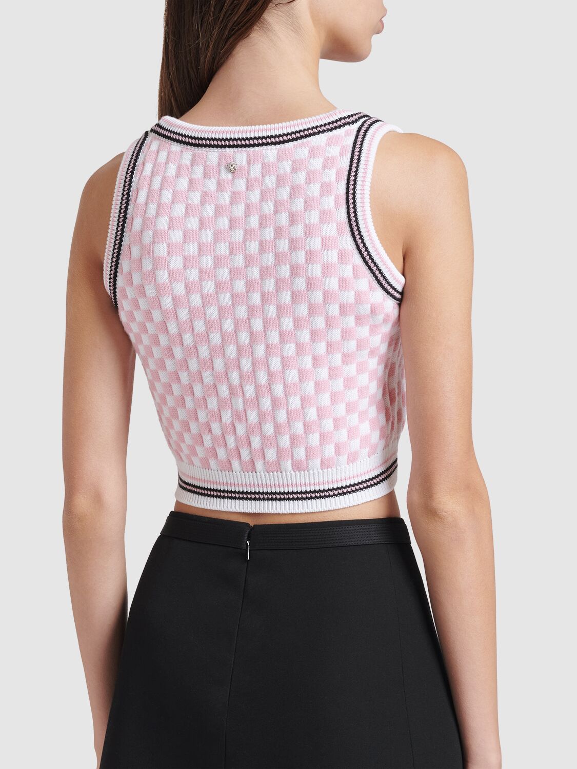 Shop Versace Check Jacquard Knit Sleeveless Crop Top In Pink,multi
