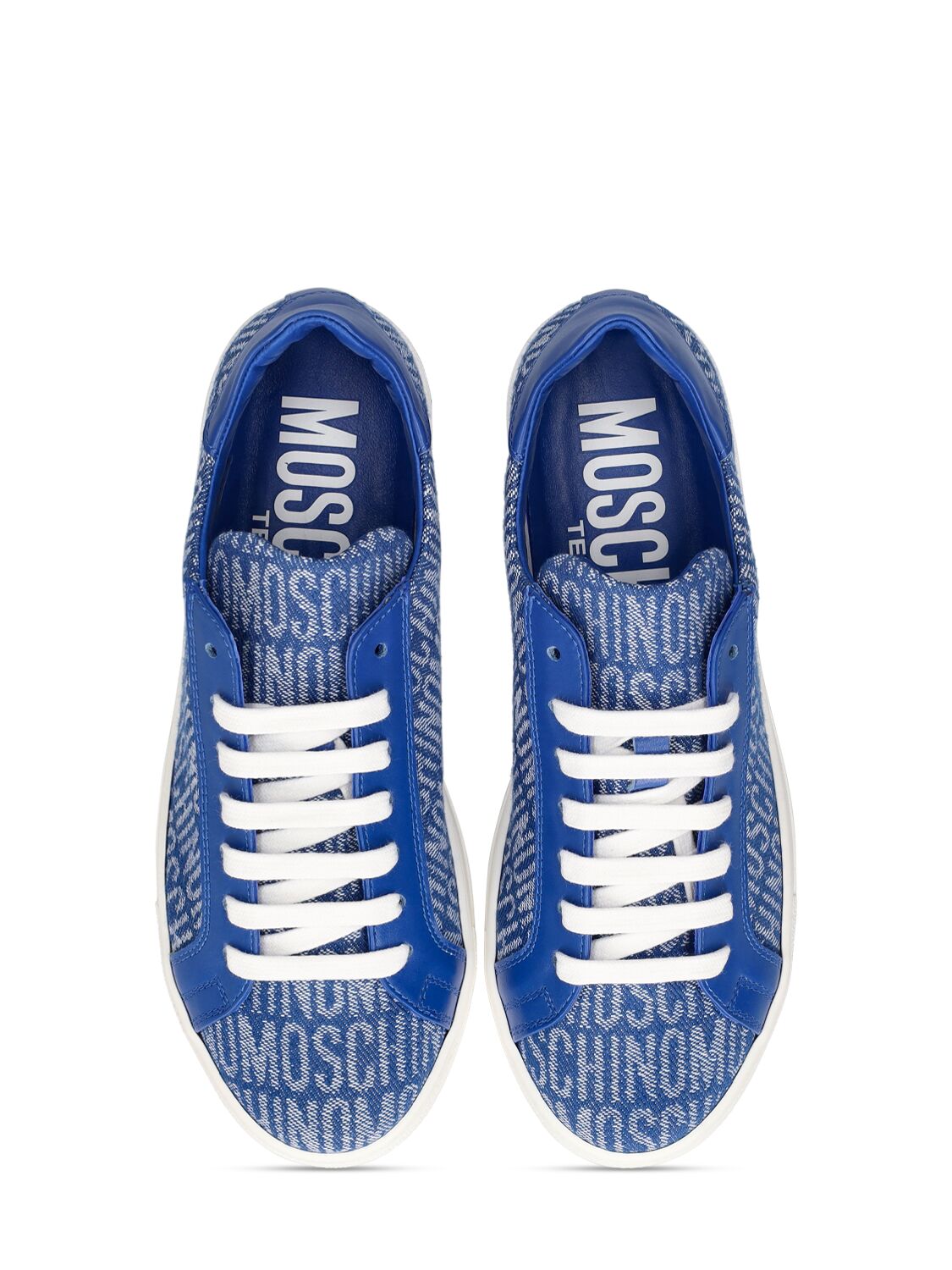 MOSCHINO LEATHER & DENIM LACE-UP SNEAKERS 
