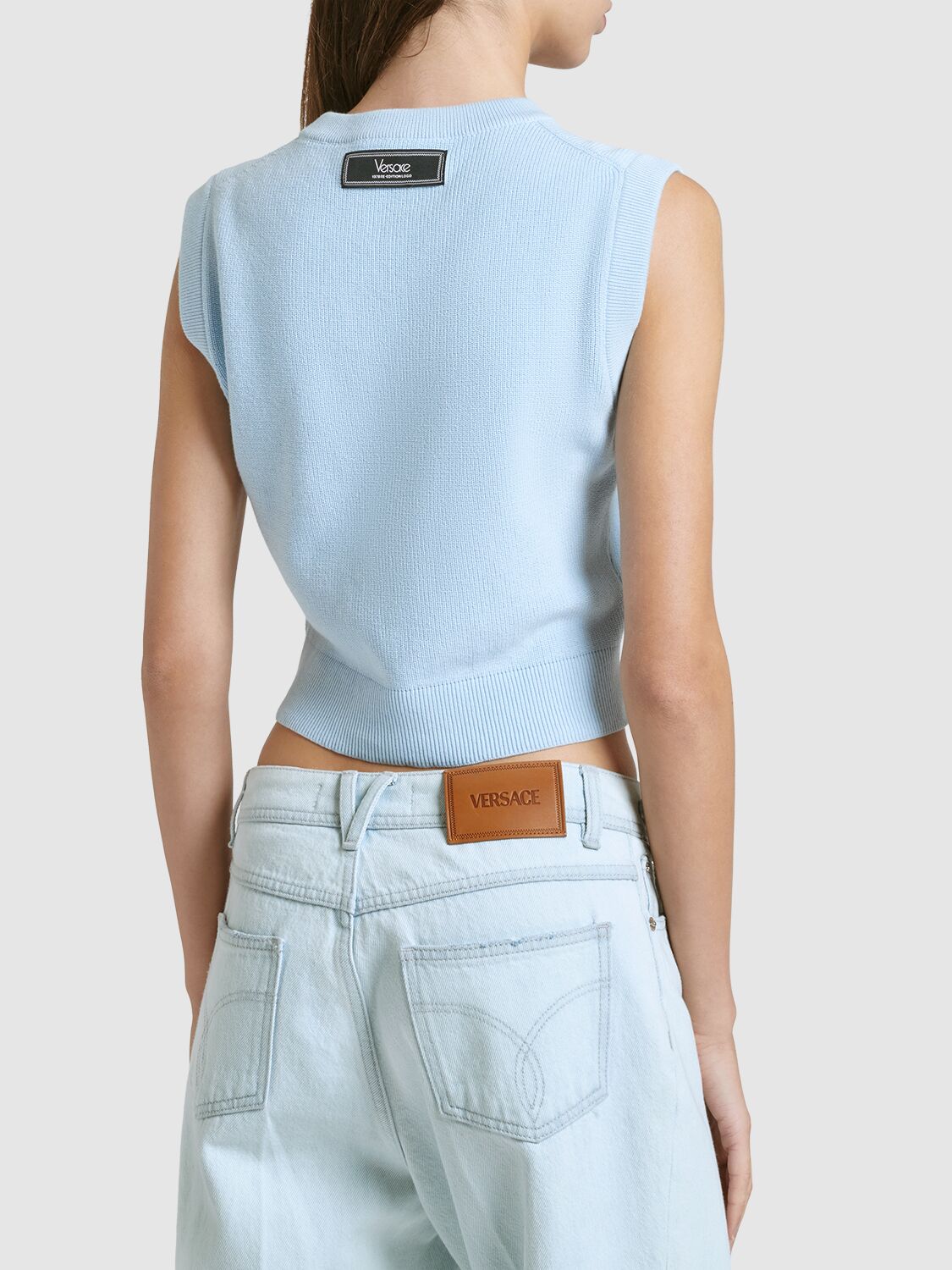 Shop Versace Logo Embroidered Knit Vest In Light Blue