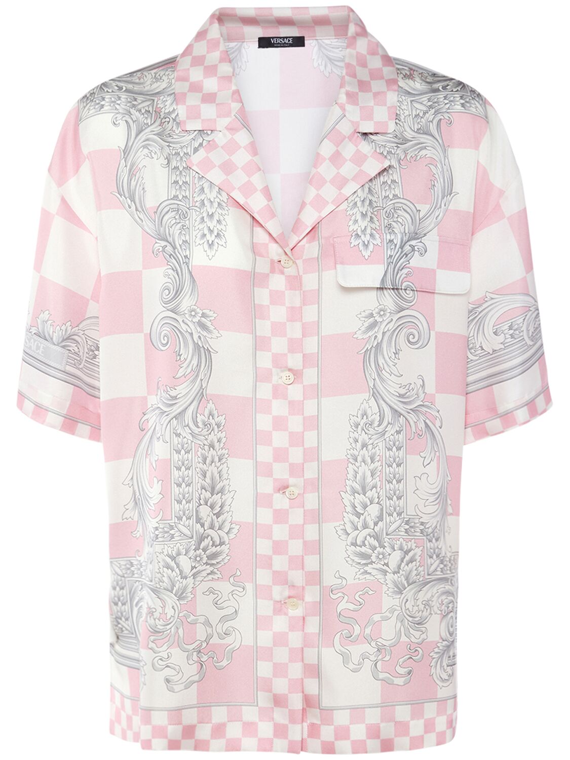Shop Versace Silk Twill Baroque Short Sleeve Shirt In Pink,multi