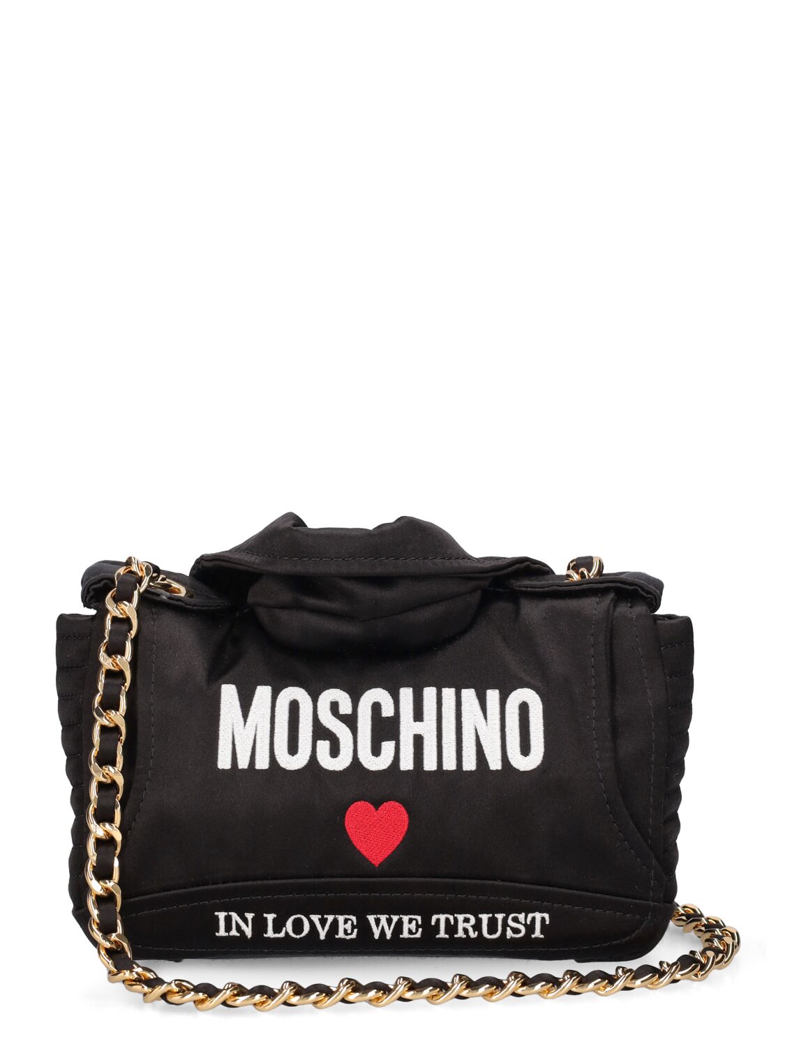 Shop Moschino In Love We Trust Biker Satin Bag In Black