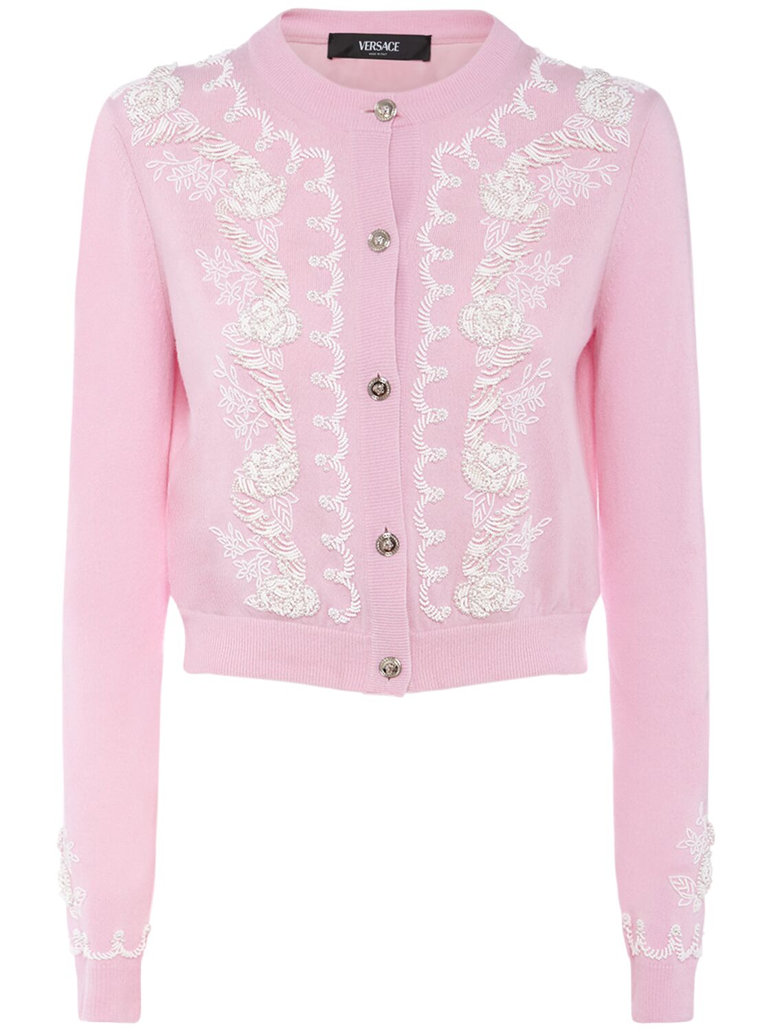 Versace Knit Embroidered Cardigan In Pink