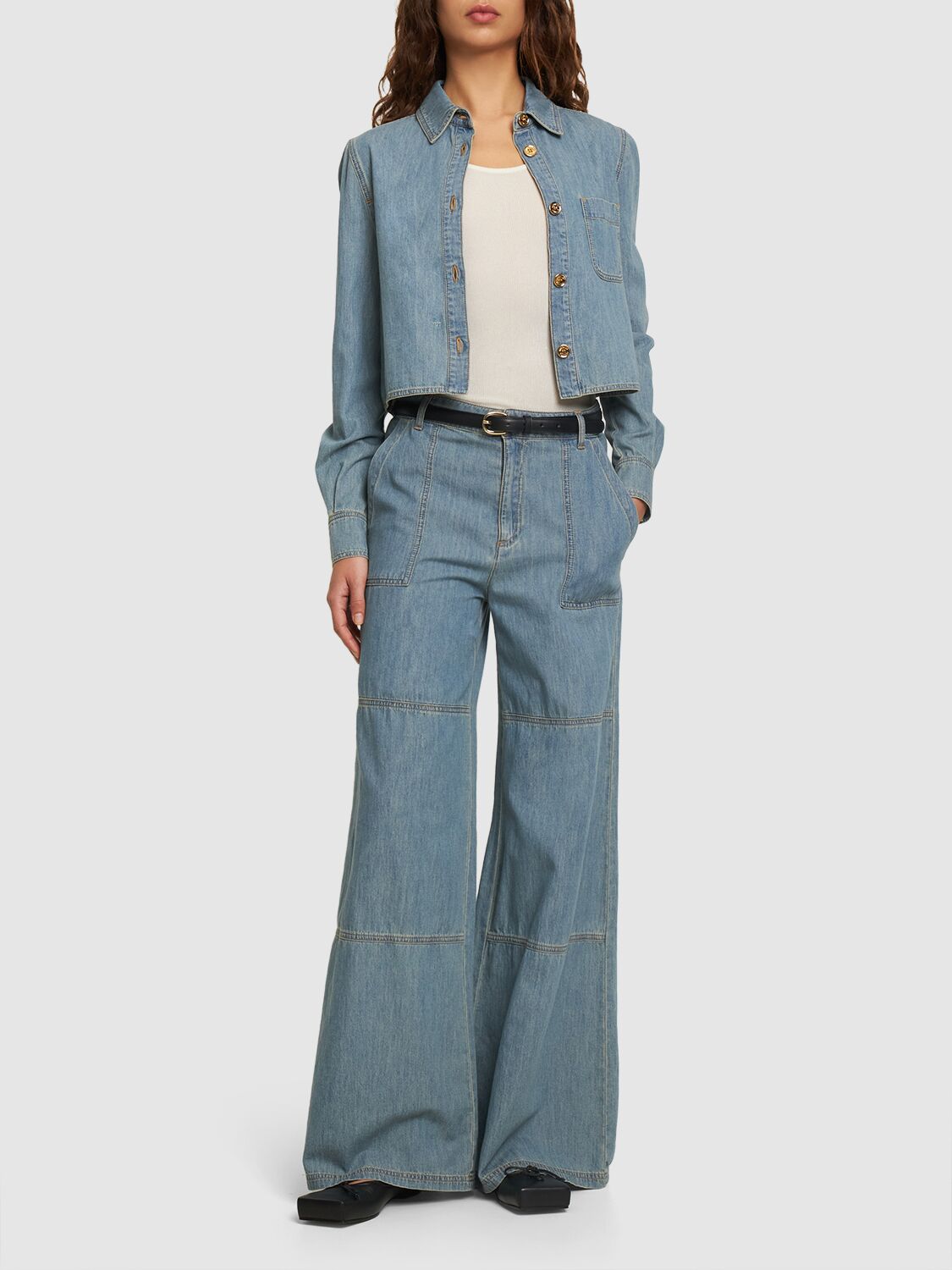 Shop Moschino Cotton Chambray Wide Pants In Light Blue