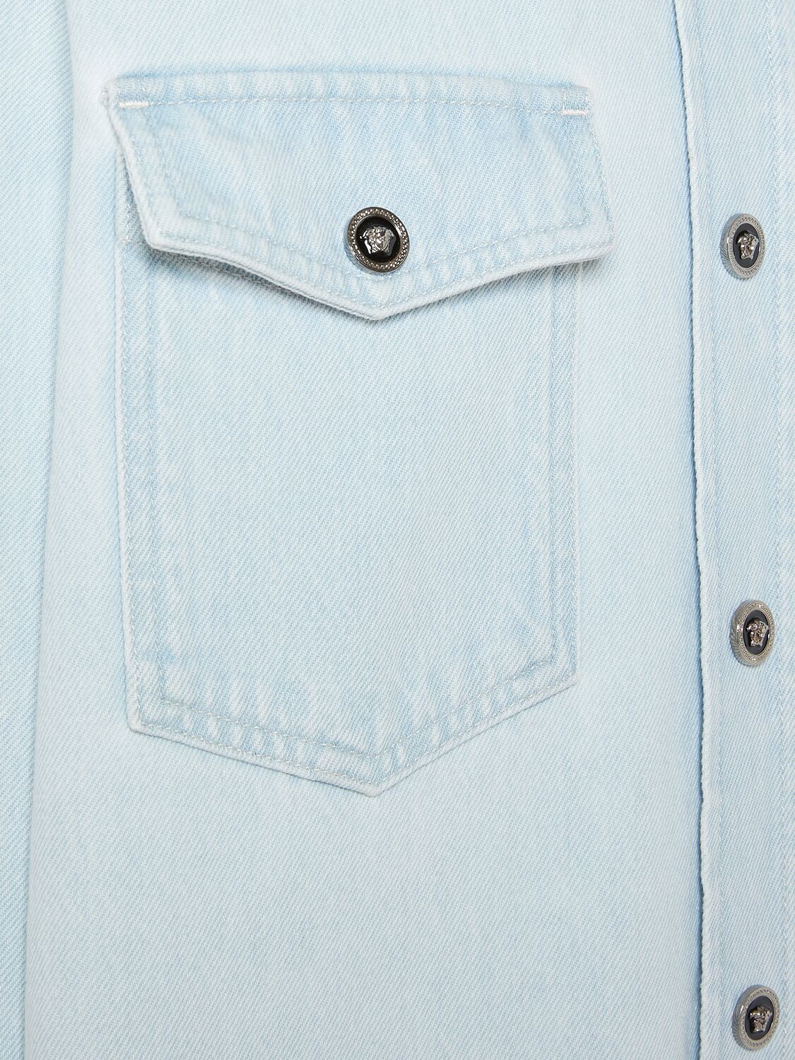 Shop Versace Bleached Cotton Denim Shirt In Light Blue