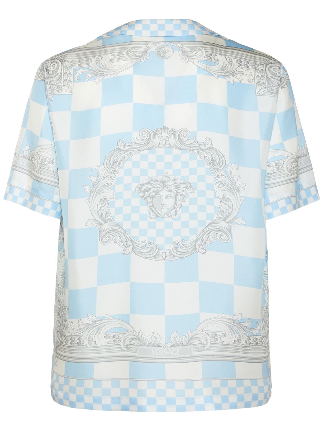 Shop Versace Medusa Printed Silk Short Sleeve Shirt In Pastel Blue