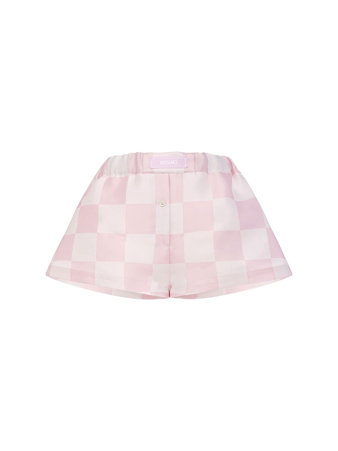 Versace Big Damier Silk Blend Duchesse Shorts In Pastel Pink & White