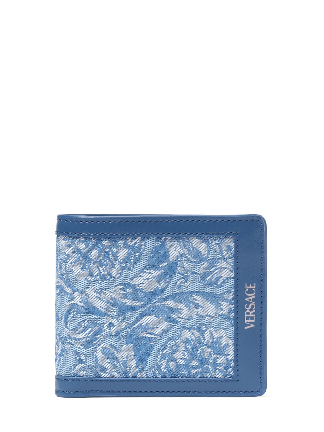 Versace Jacquard & Leather Logo Bifold Wallet In Light Blue