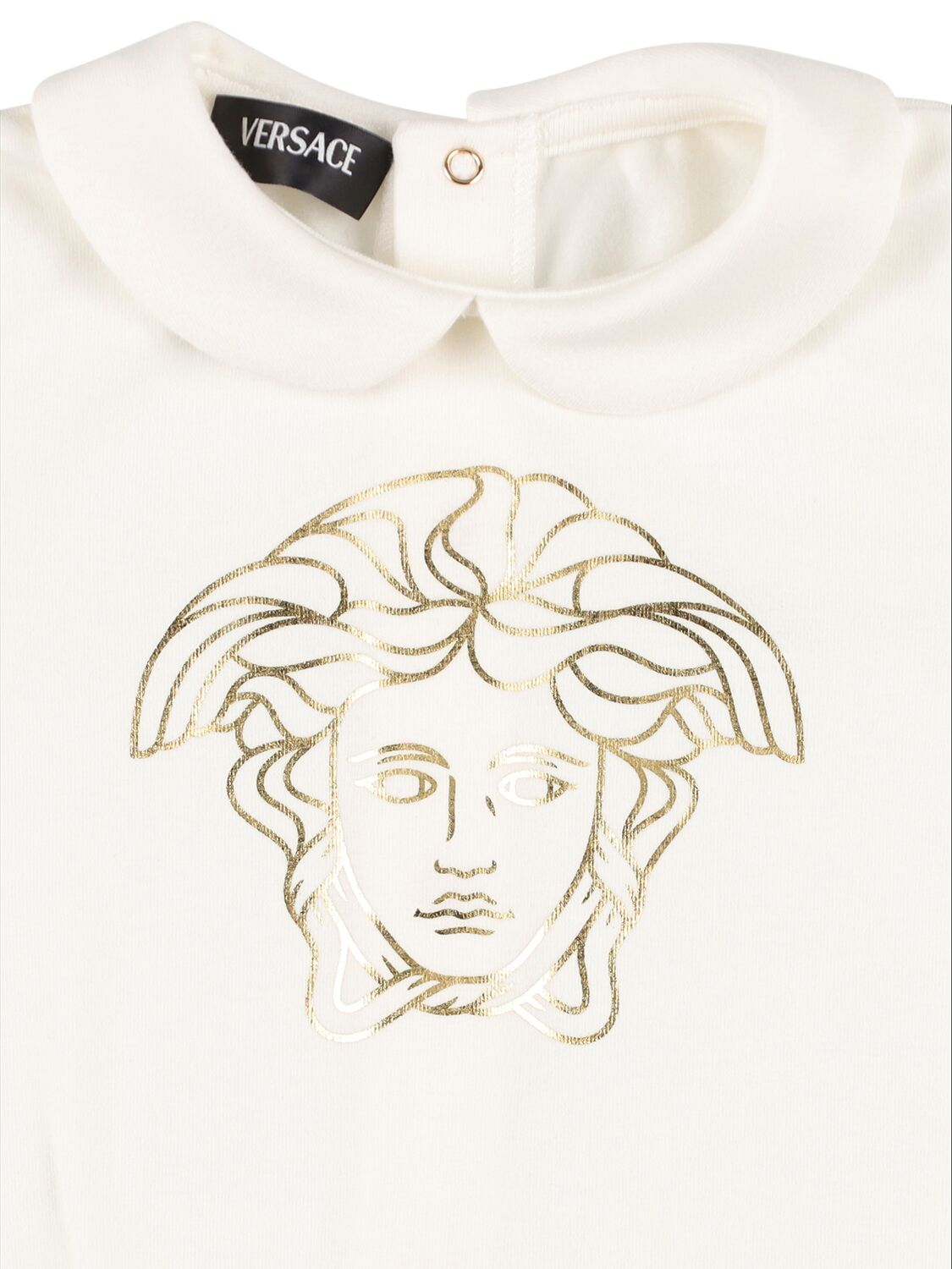 Shop Versace Printed Cotton Jersey Romper In 화이트,골드