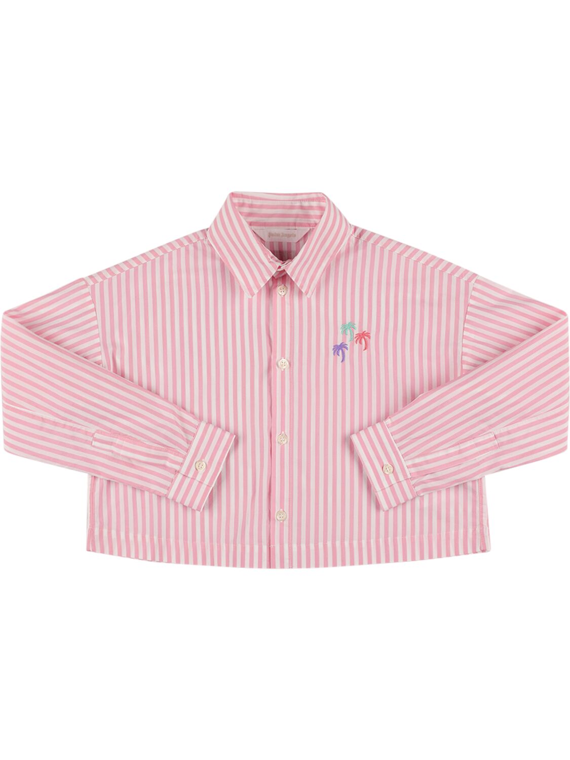 Palm Angels Kids' 3 Palms Striped Cotton Crop Shirt In Rose