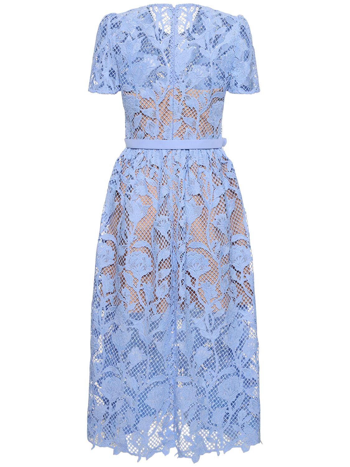 Shop Self-portrait Short Sleeve Lace Midi Dress In Blue