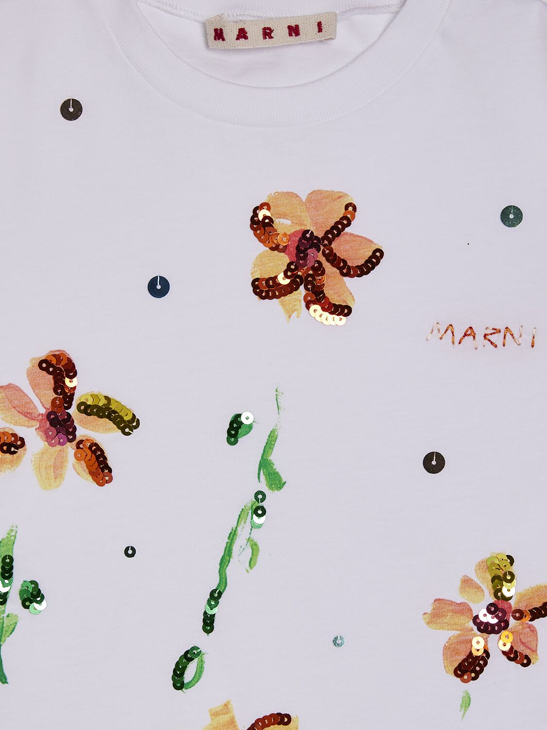 MARNI JUNIOR COTTON JERSEY CROPPED T-SHIRT W/ SEQUINS 