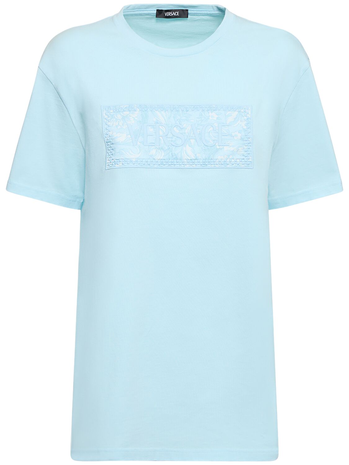 Versace Barocco Logo Cotton Jersey T-shirt In Light Blue