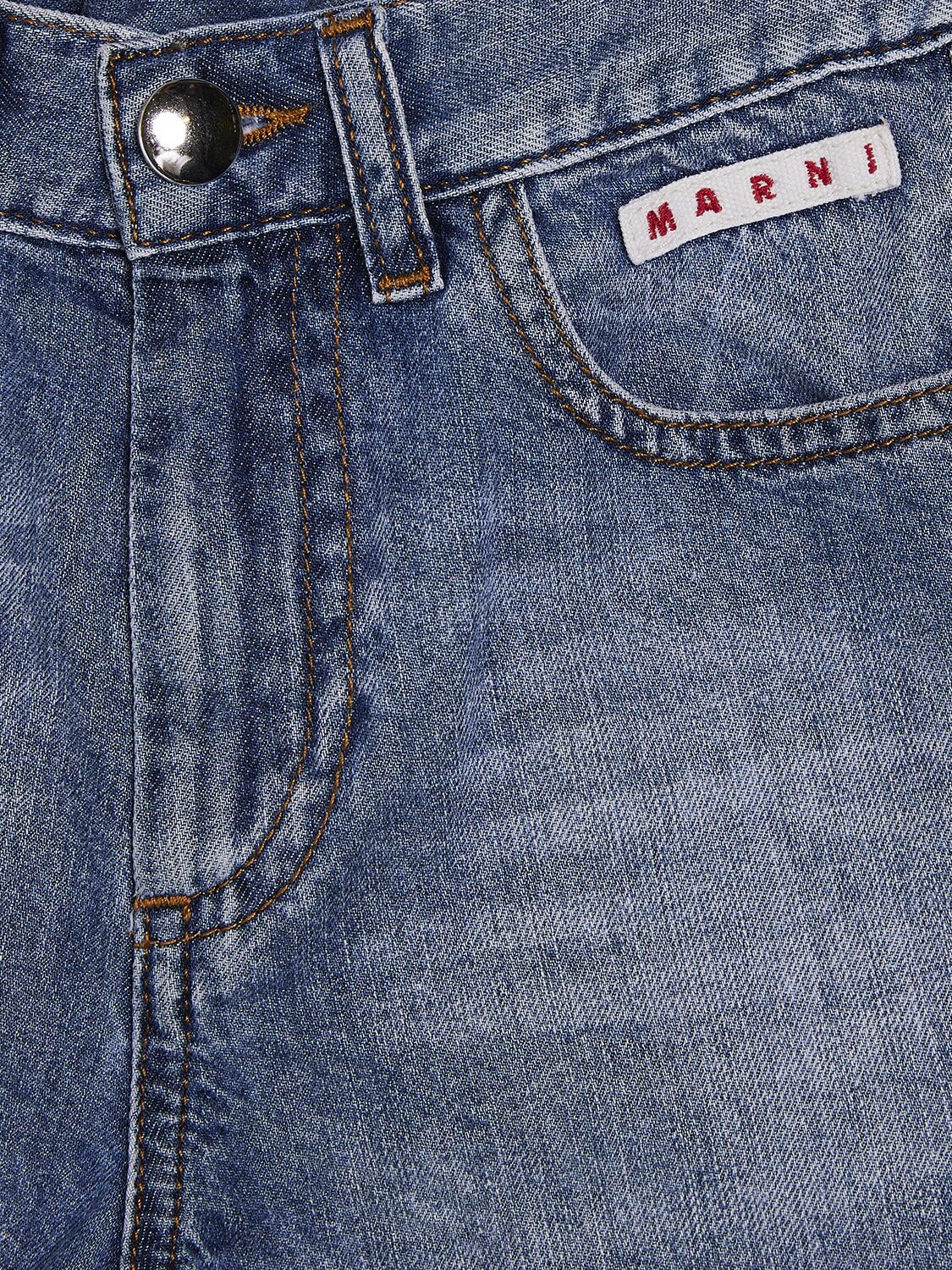 Shop Marni Junior Light Denim Shorts W/ Logo Patch