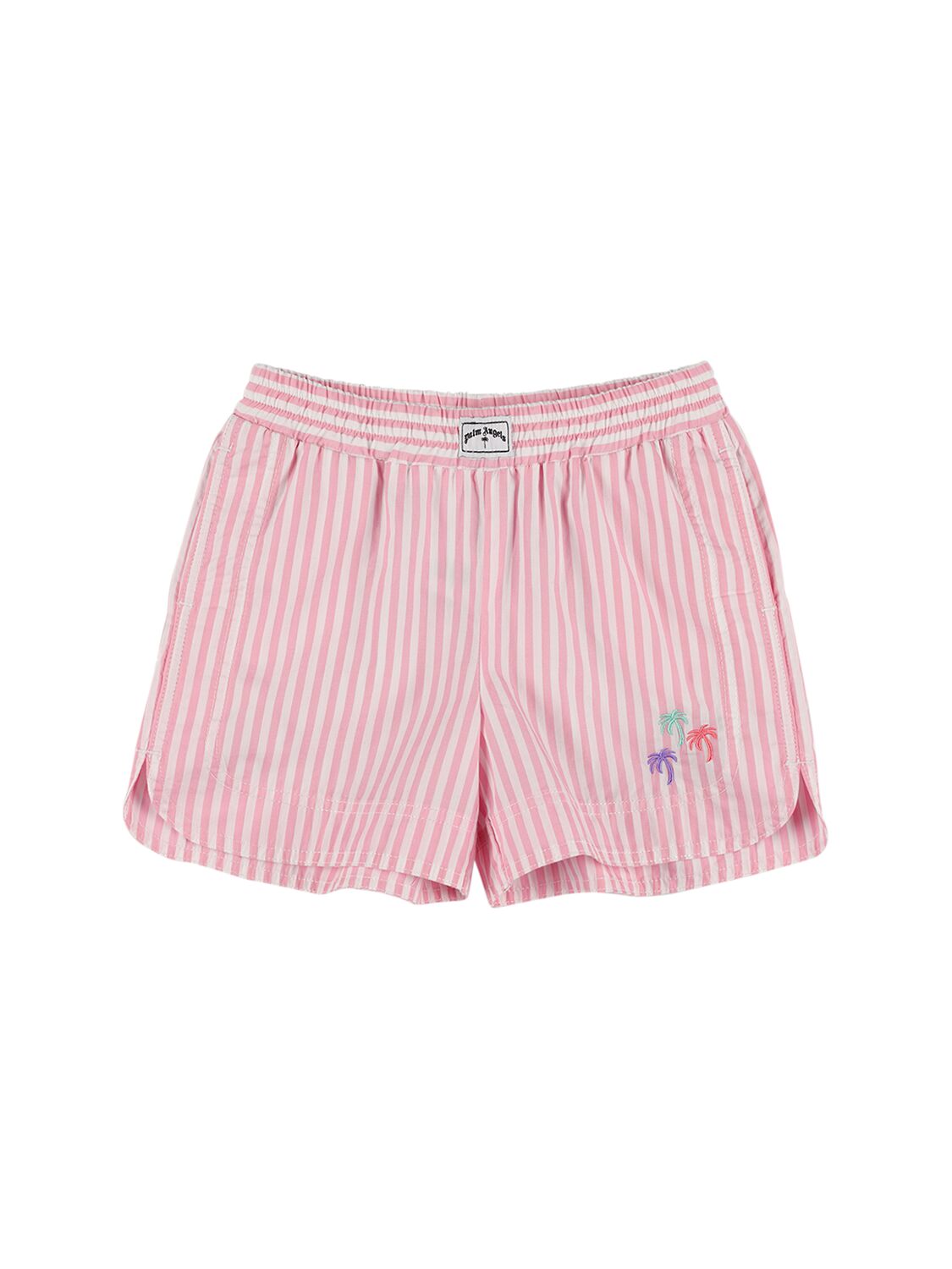 Palm Angels Kids' 3 Palms Striped Cotton Boxer Shorts In Rose