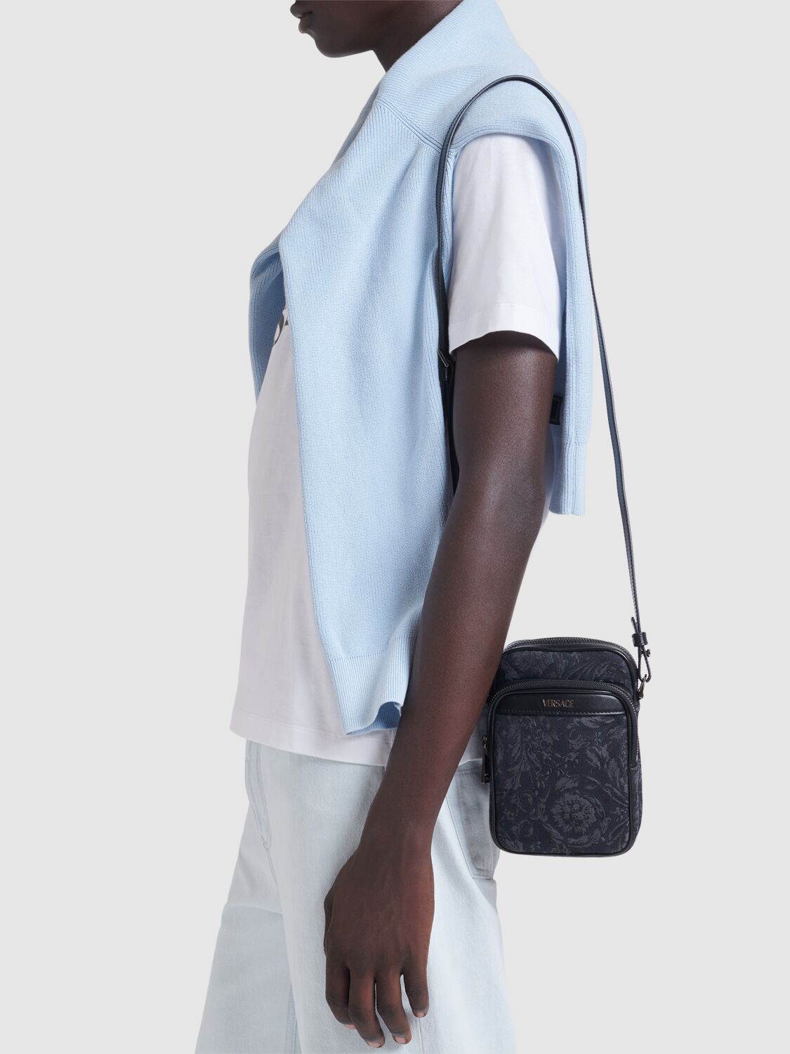Shop Versace Barocco Jacquard Canvas Crossbody Bag In Black