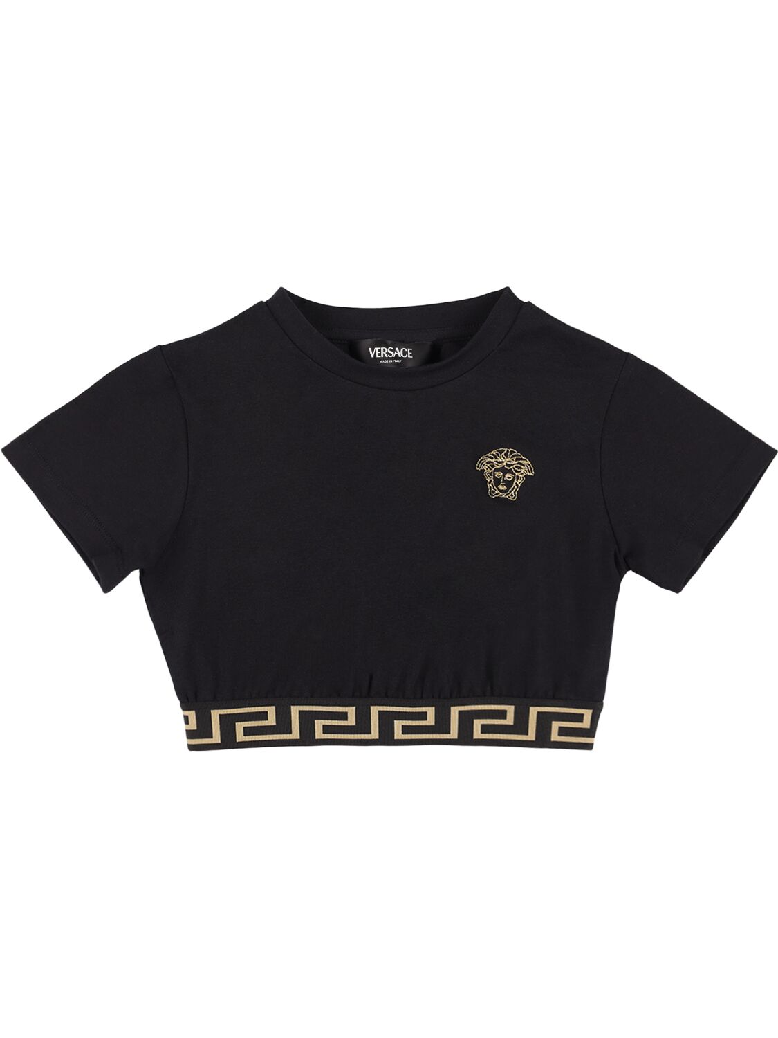 Versace Kids' 刺绣棉质平纹针织t恤 In Schwarz,gold