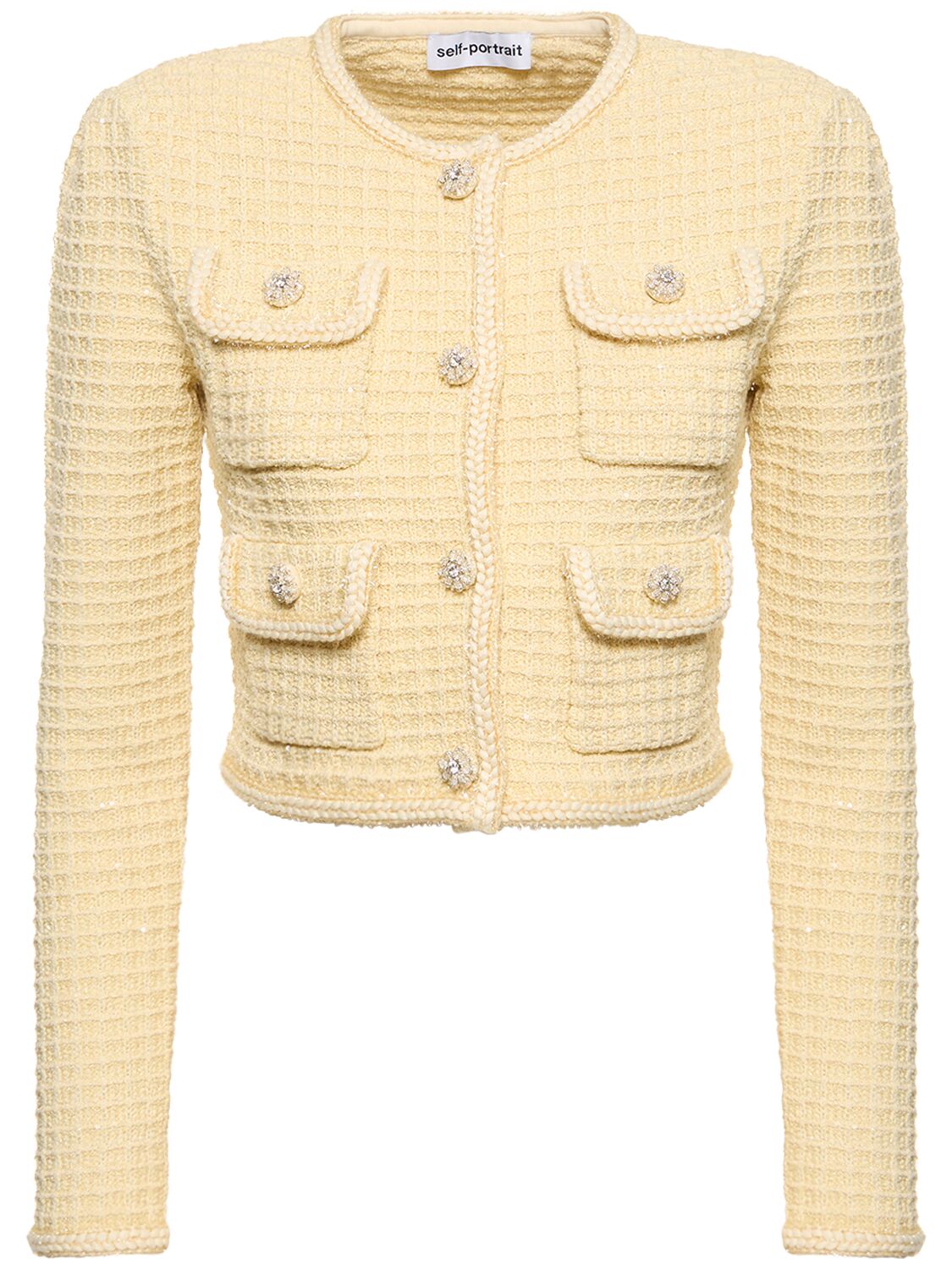 Shop Self-portrait Textured Knit Jacket In Yellow