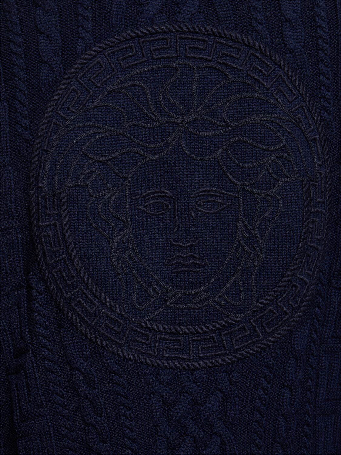 Shop Versace Medusa Embroidered Wool Zip Sweater In Navy