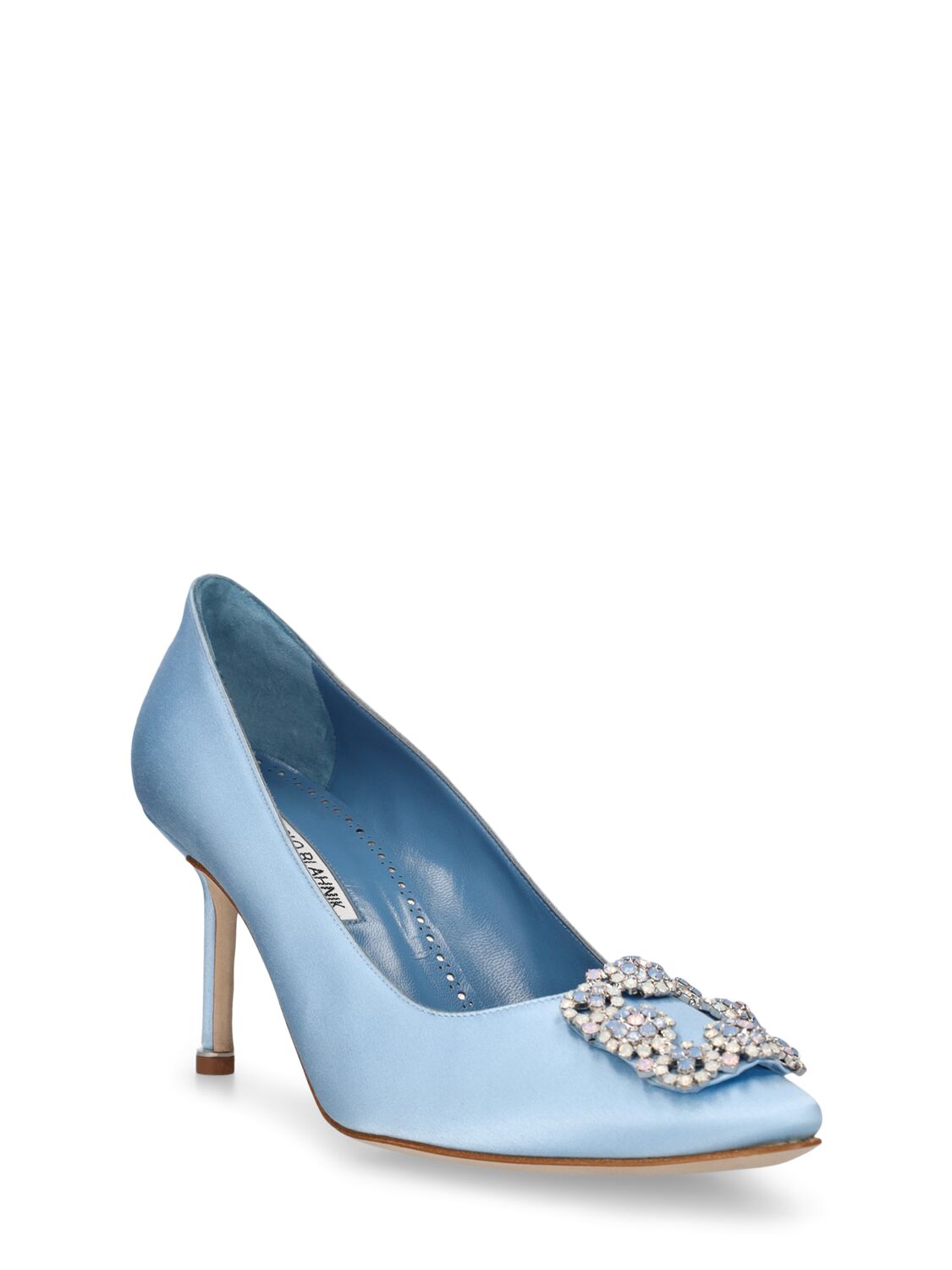 Shop Manolo Blahnik 70mm Hangisi Satin Pumps In 라이트 블루