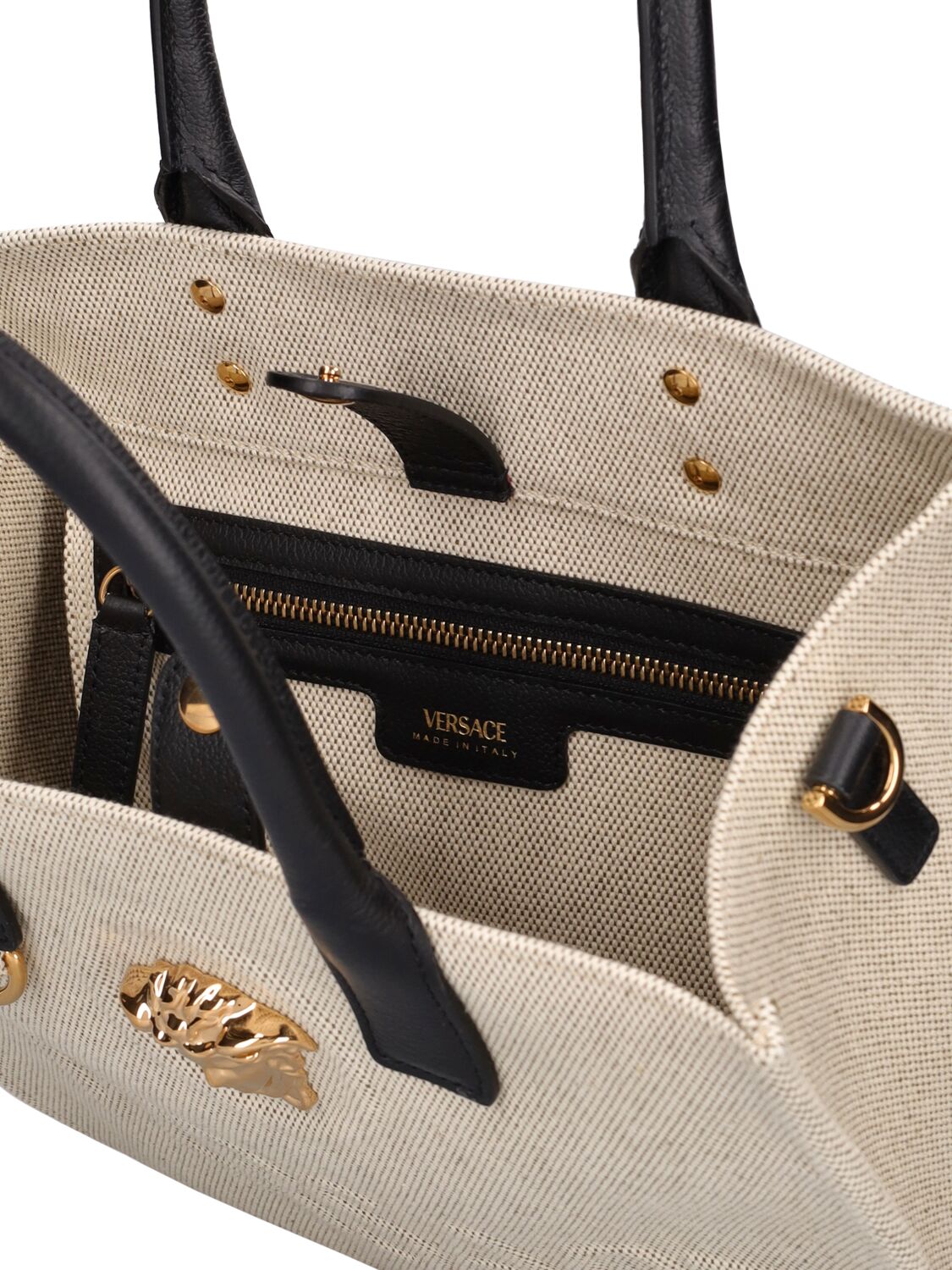 Shop Versace Small Canvas Tote Bag In Beige