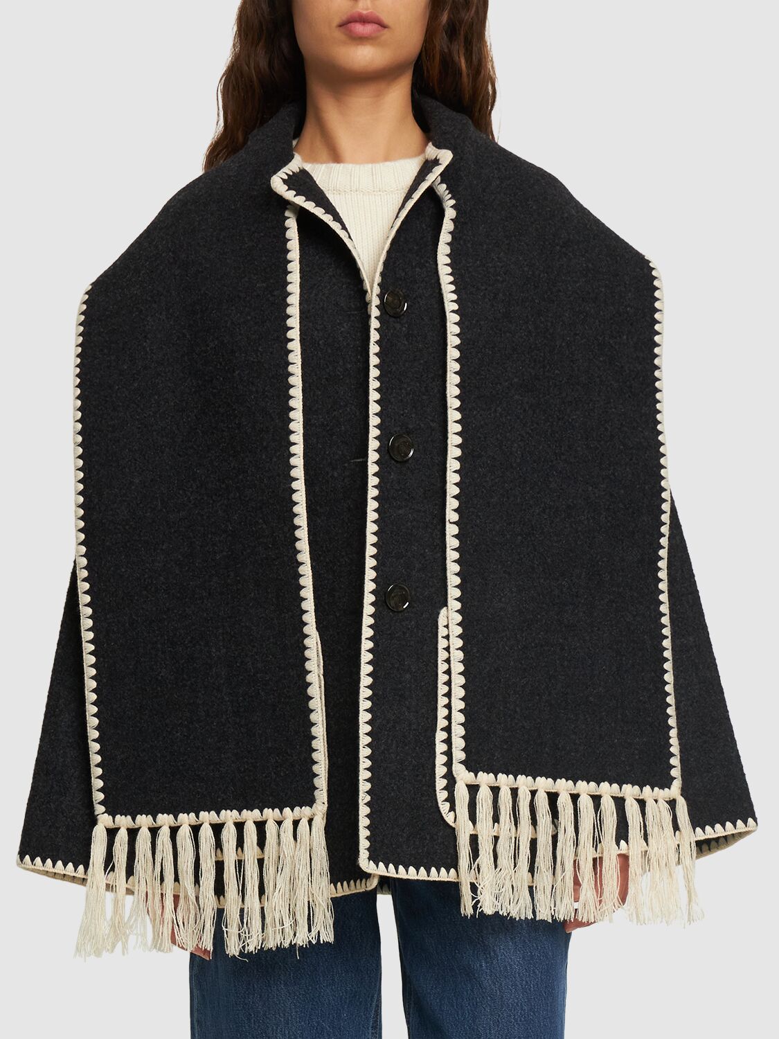 Shop Totême Embroidered Wool Blend Jacket W/scarf In Dark Grey
