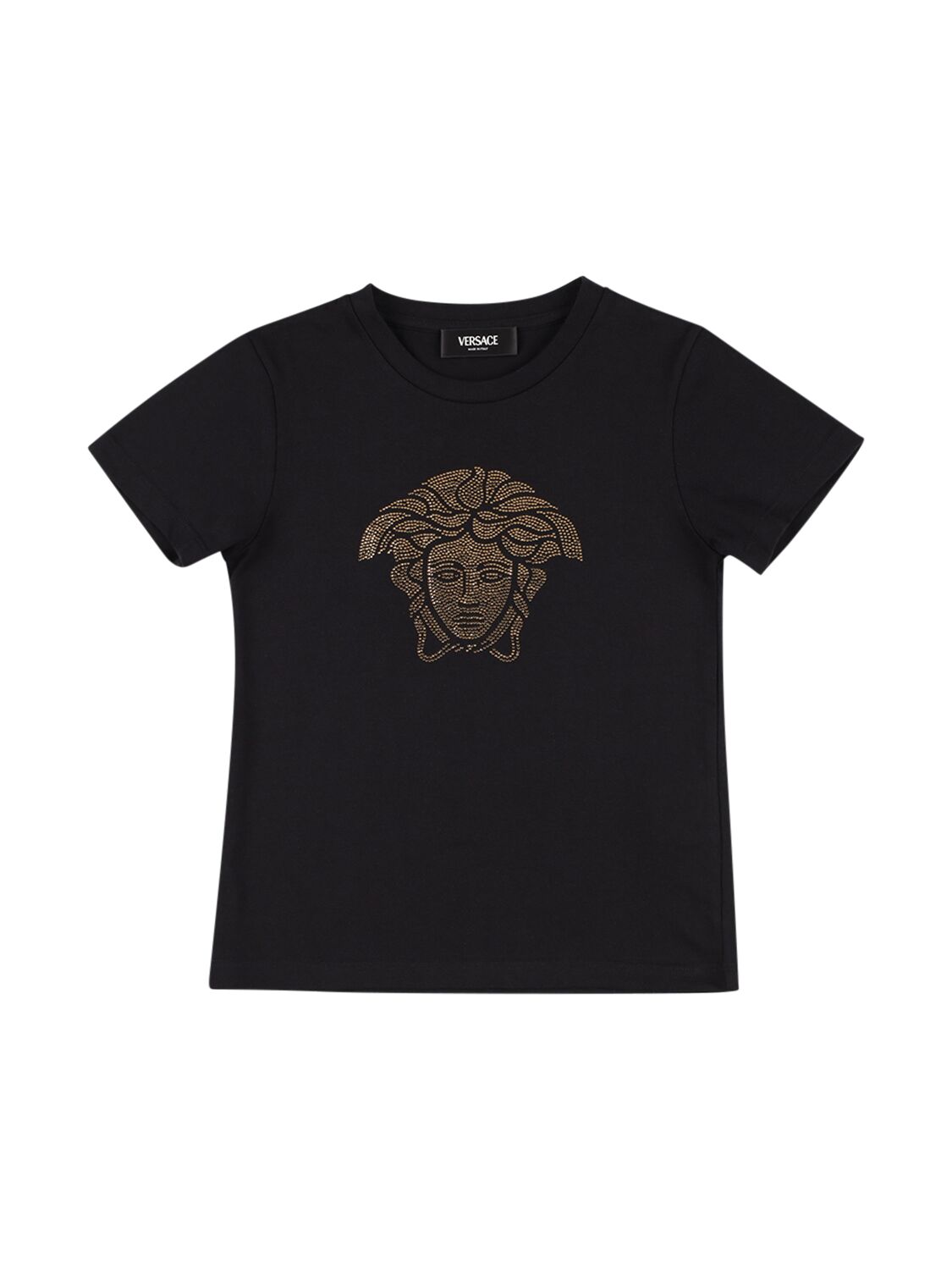 Versace Kids' T-shirt Aus Baumwolljersey Mit Kristalllogo In Schwarz,gold