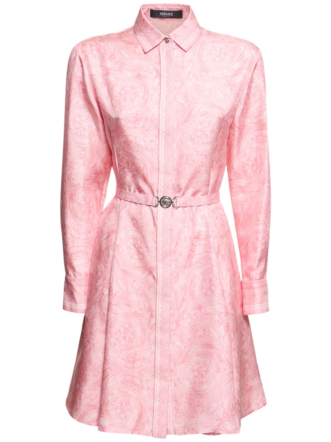 Versace Baroque Printed Silk Twill Dress In Pink