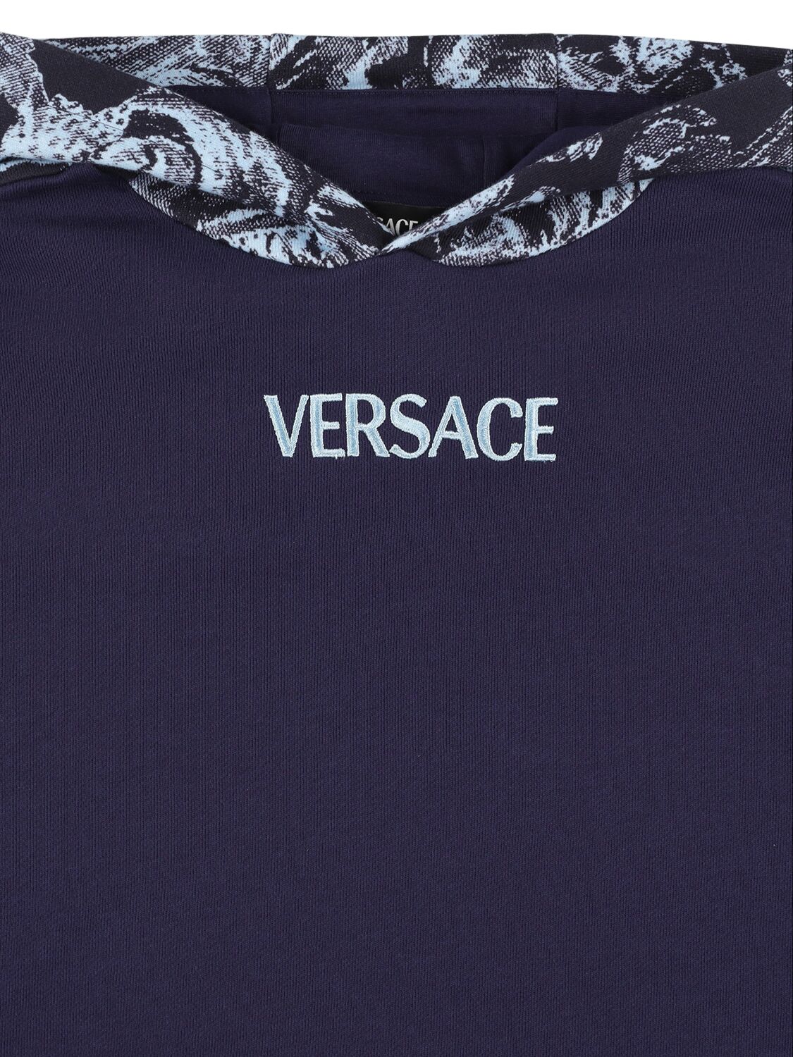 Shop Versace Embroidered Logo Hooded Sweatshirt In Dunkelblau