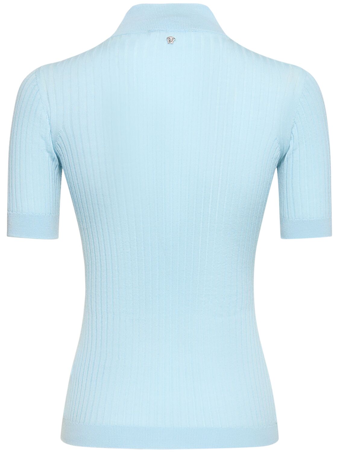 Shop Versace Short Sleeve Rib Knit Sweater In Light Blue