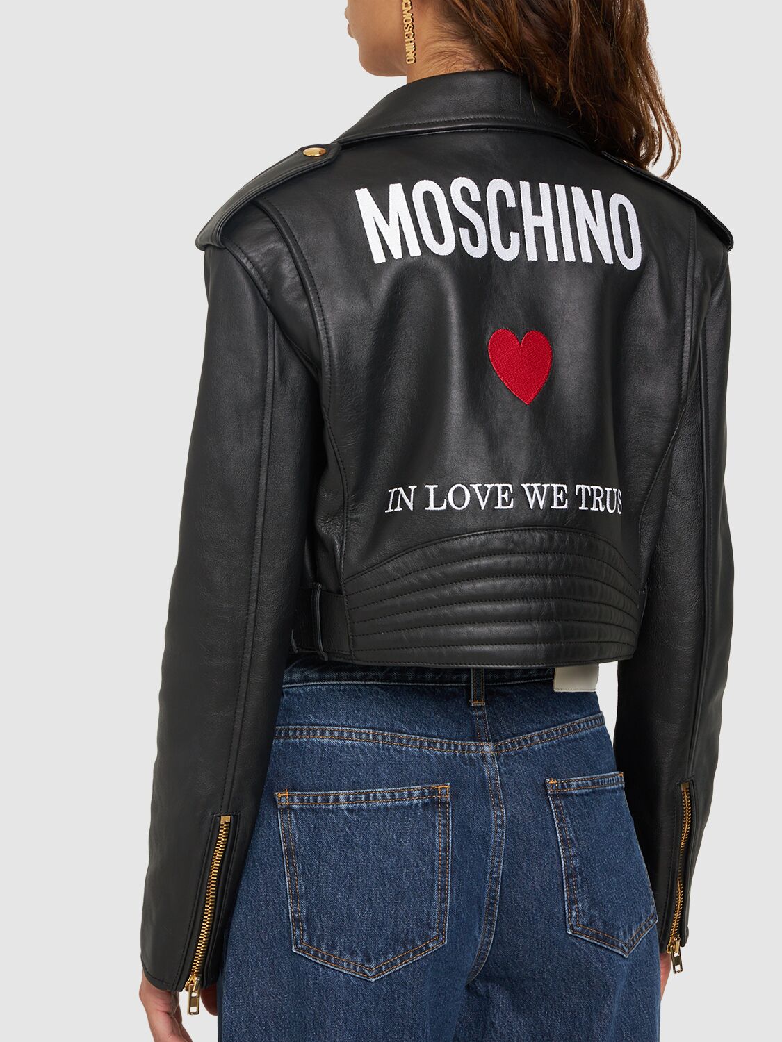 Shop Moschino Belted Leather Cropped Logo Jacket In Black