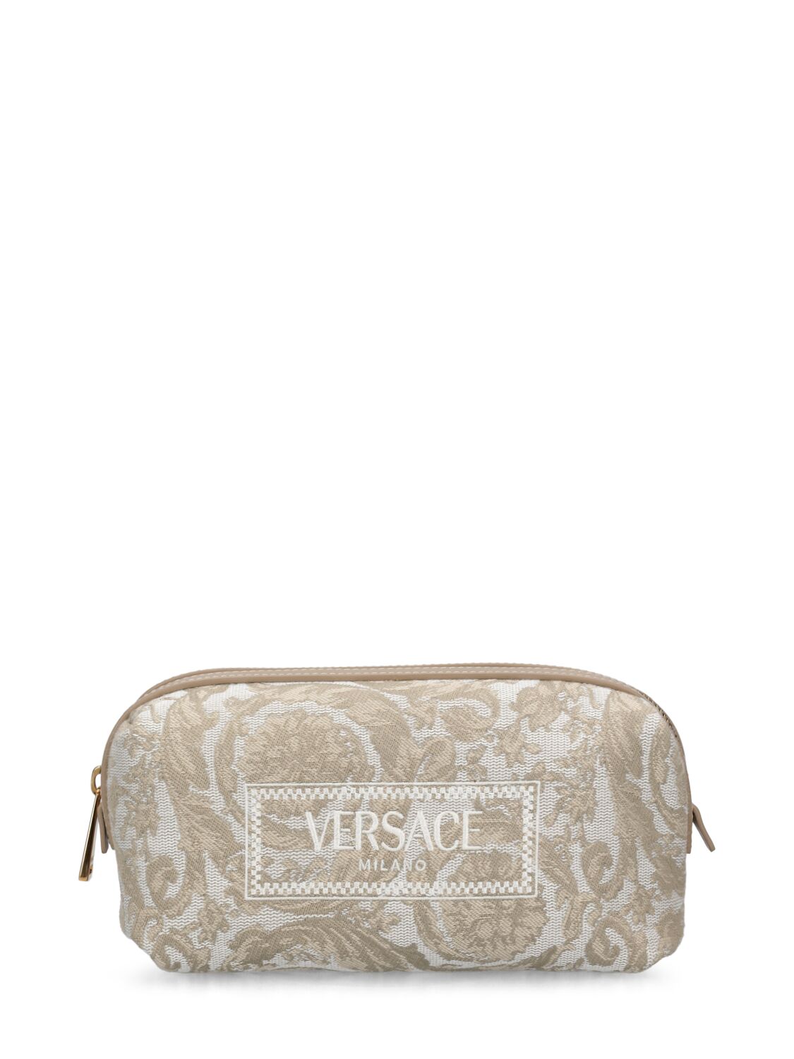 Versace Embroidered-logo Jacquard Toiletry Bag In Beige