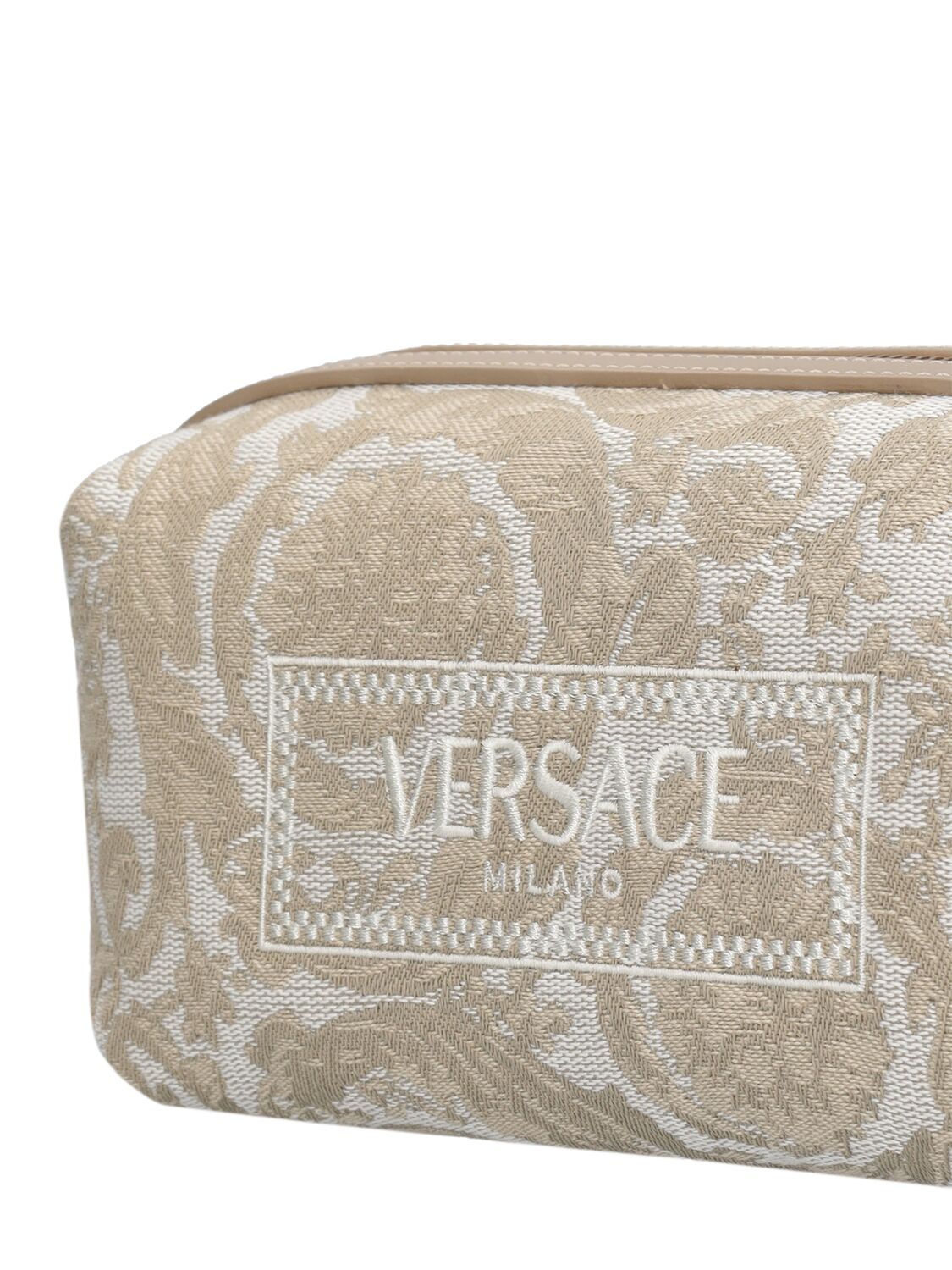 Shop Versace Logo Jacquard Makeup Bag In Beige